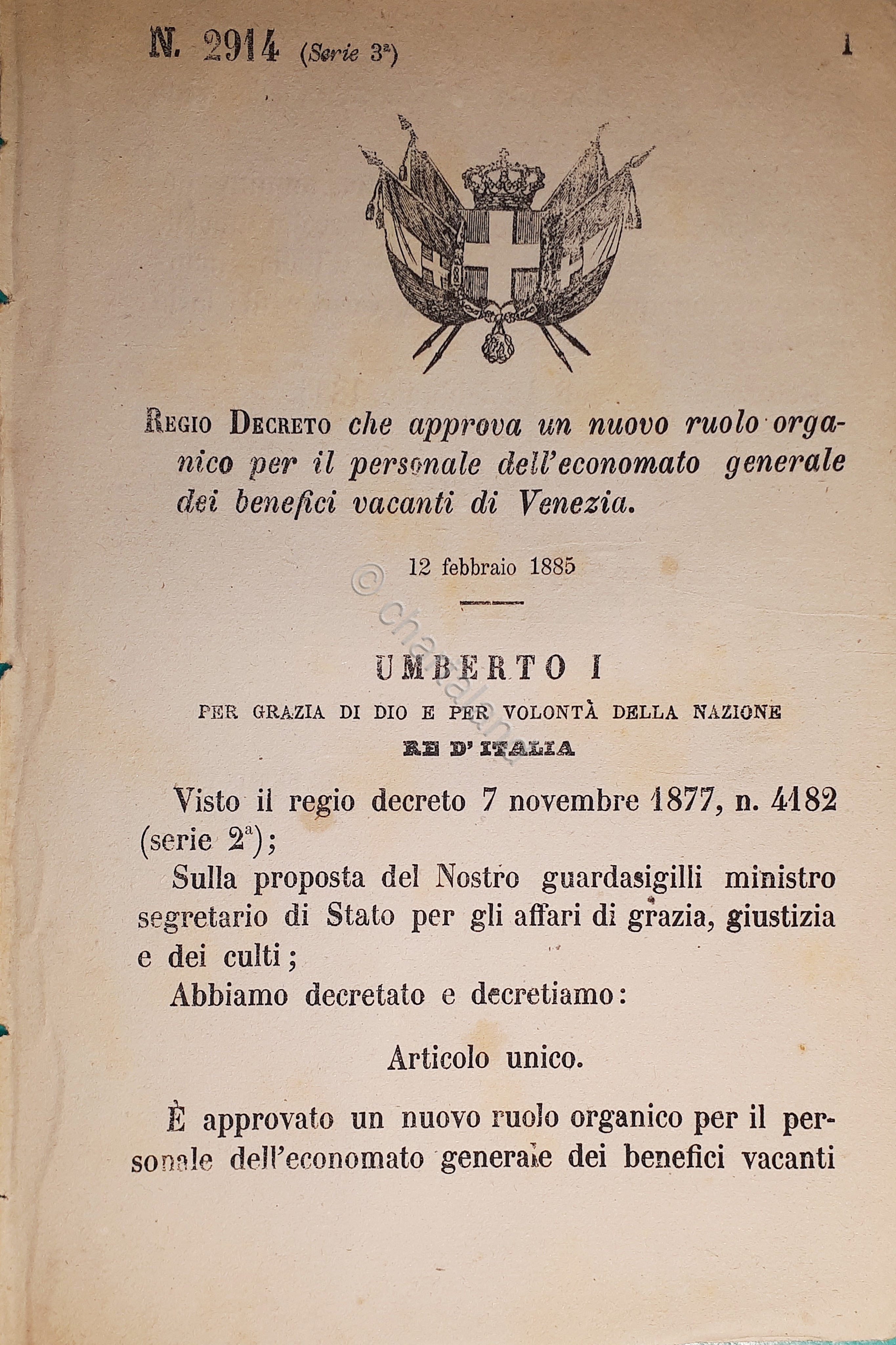 Decreto Regno Italia Ruolo economo generale dei benefici vacanti di …