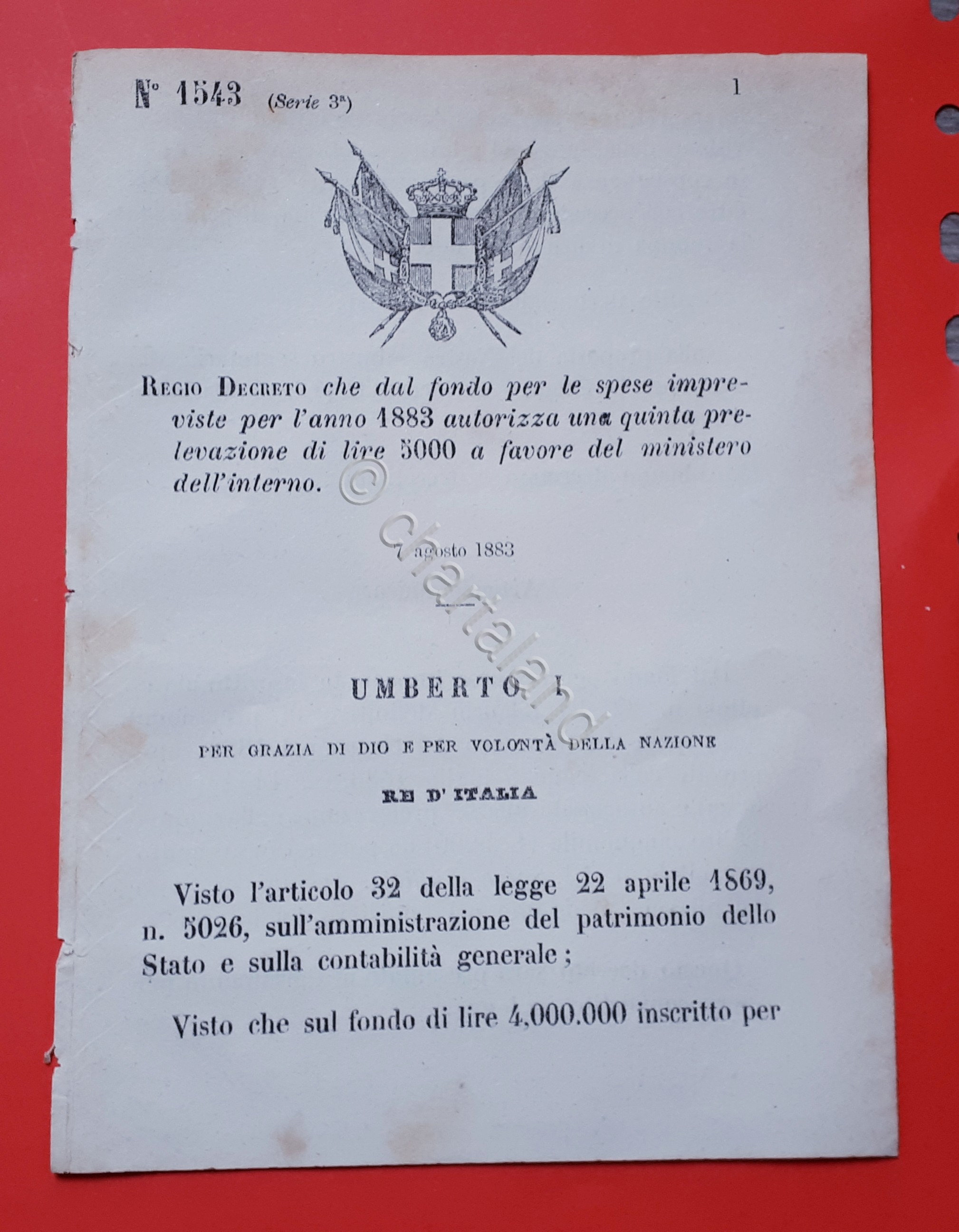Decreto Regno Italia Spese impreviste L.5000 favore ministero dell'interno 1883