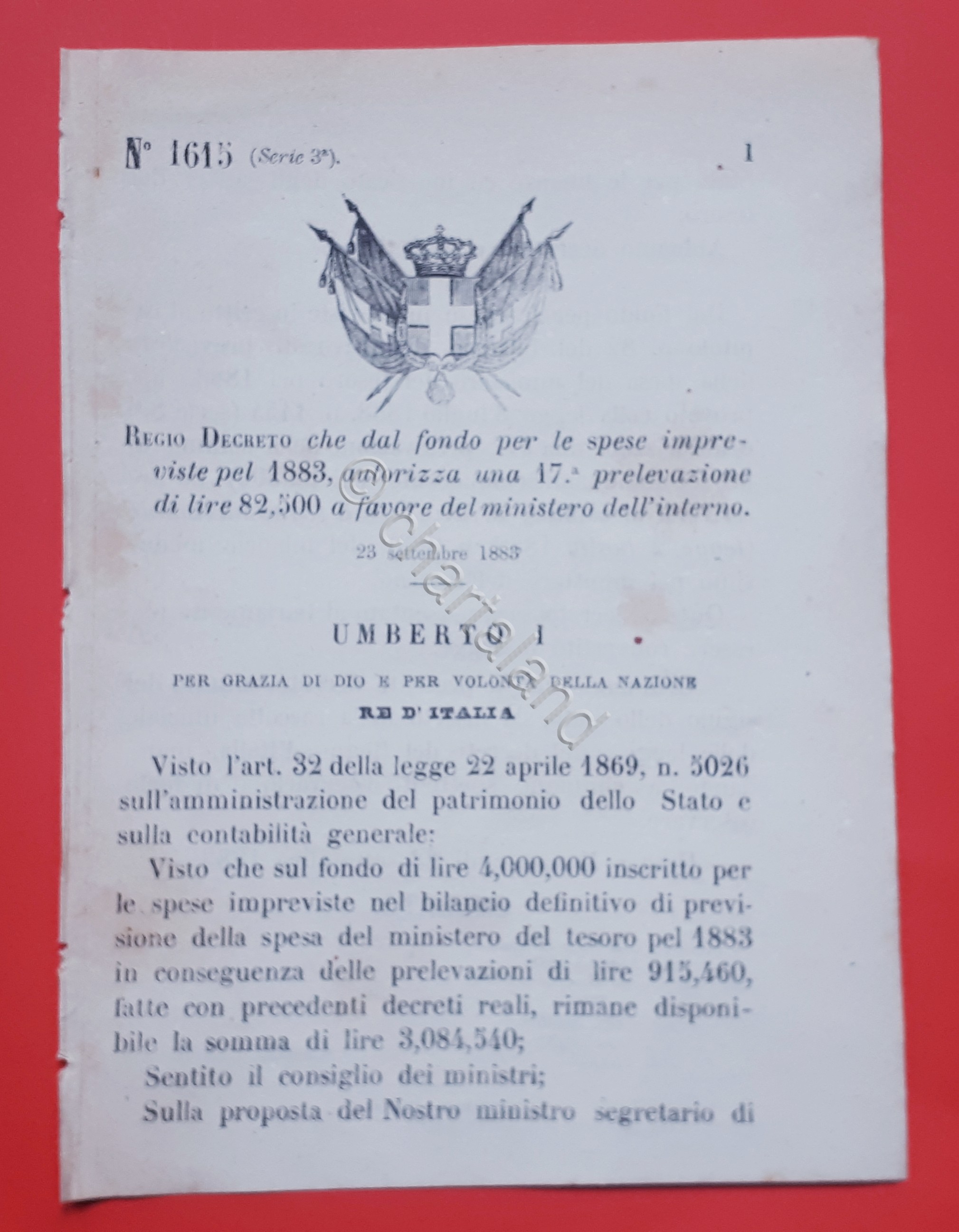 Decreto Regno Italia Spese impreviste L. 82,500 a favore ministero …