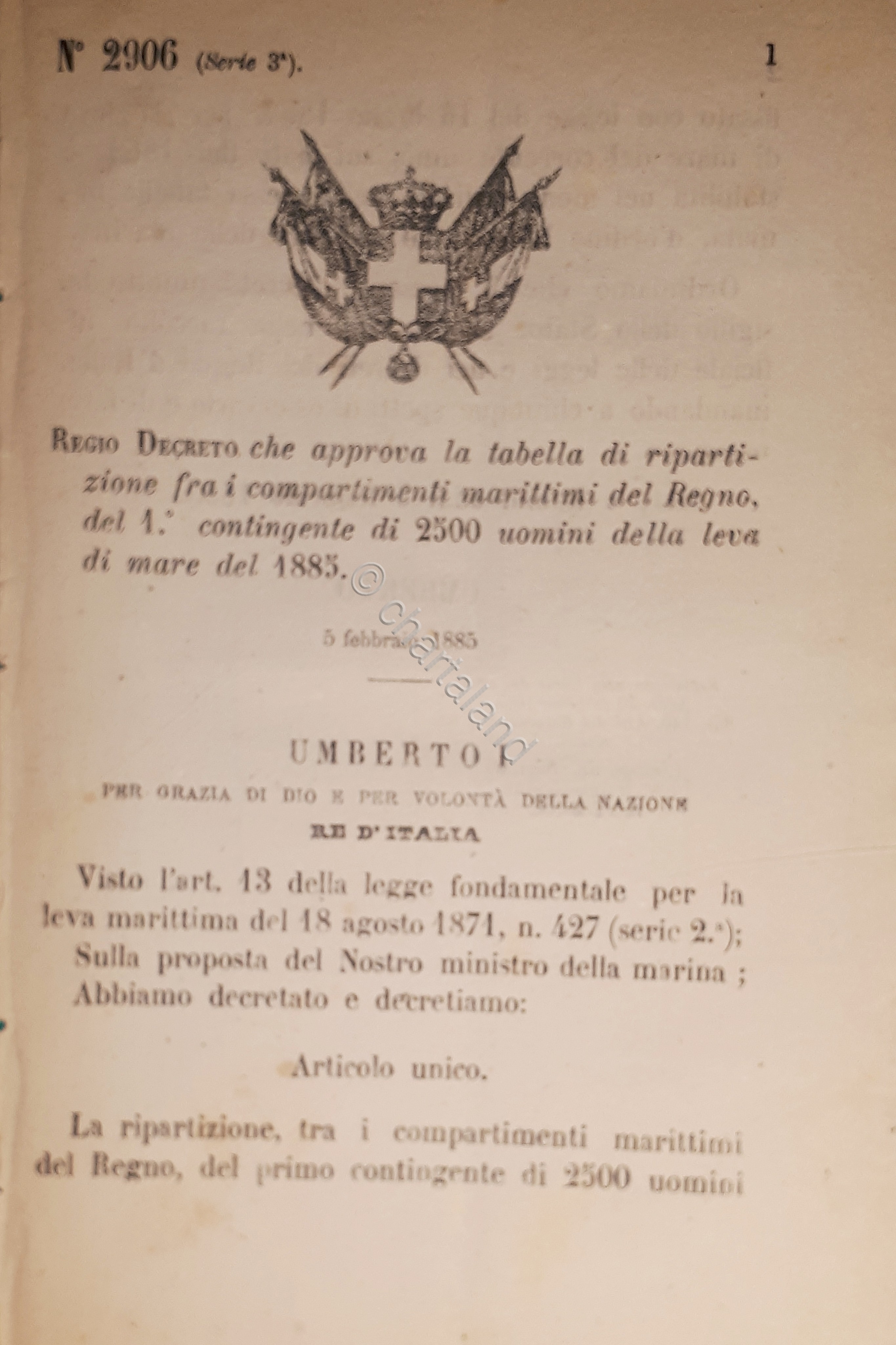 Decreto Regno Italia Tabella di ripartizione compartimenti marittimi Regno 1885
