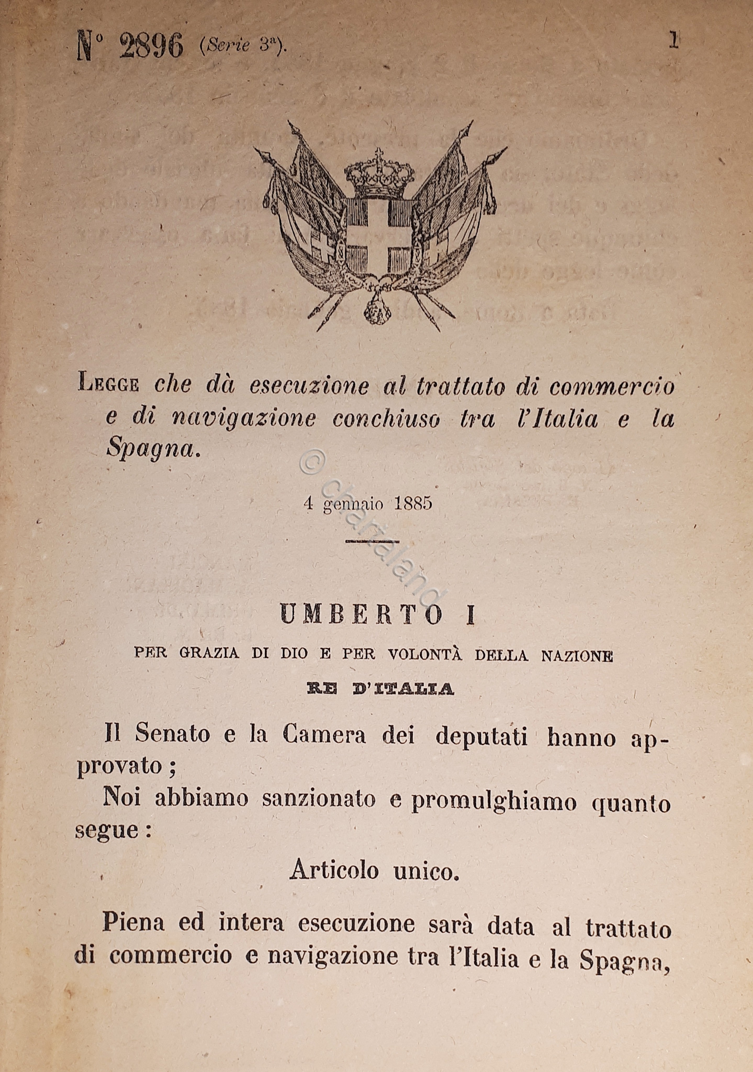 Decreto Regno Italia Trattato commercio e navigazione tra Italia e …