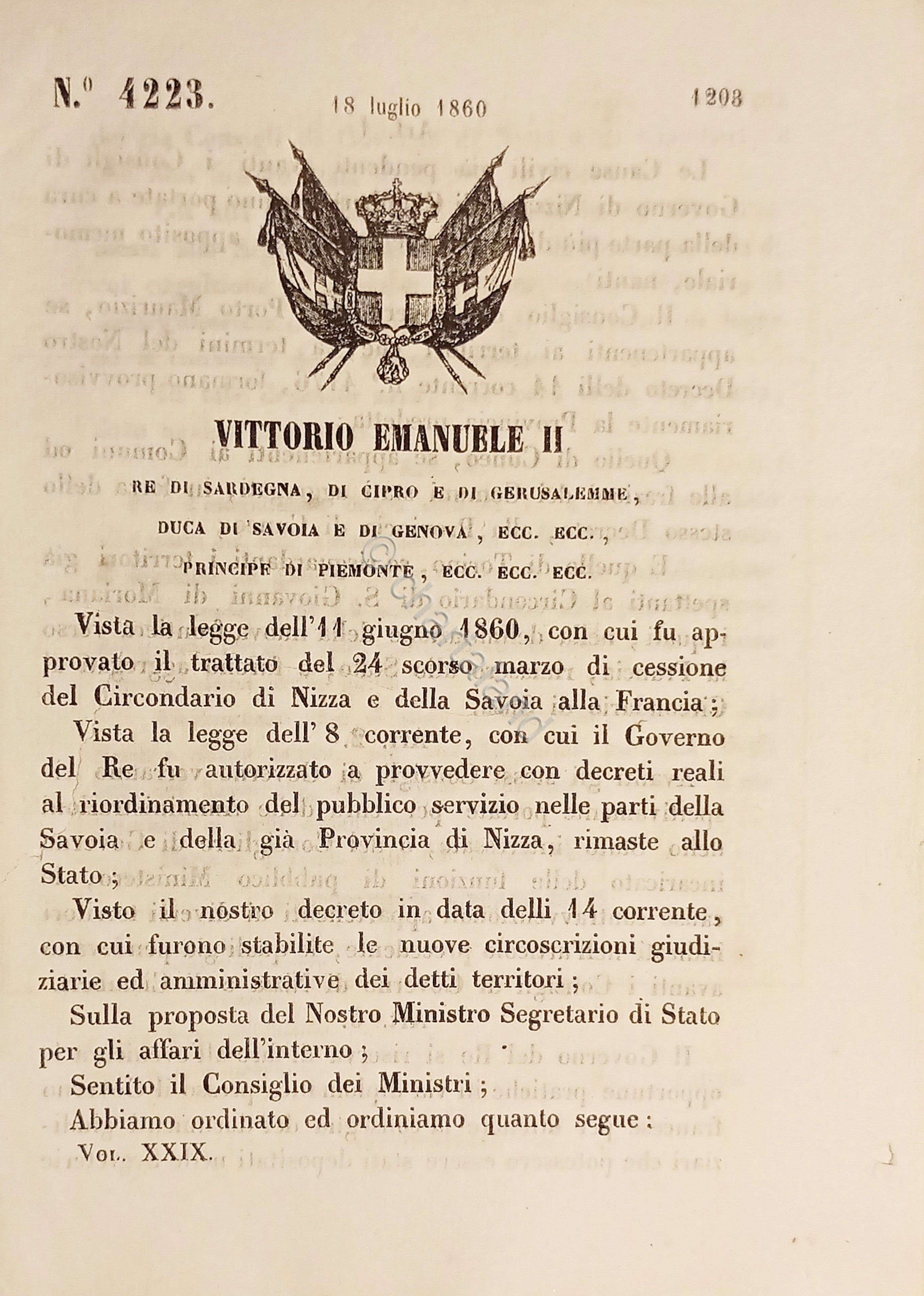Decreto Regno Sardegna - Assegnamento cause civili Governo di Nizza …