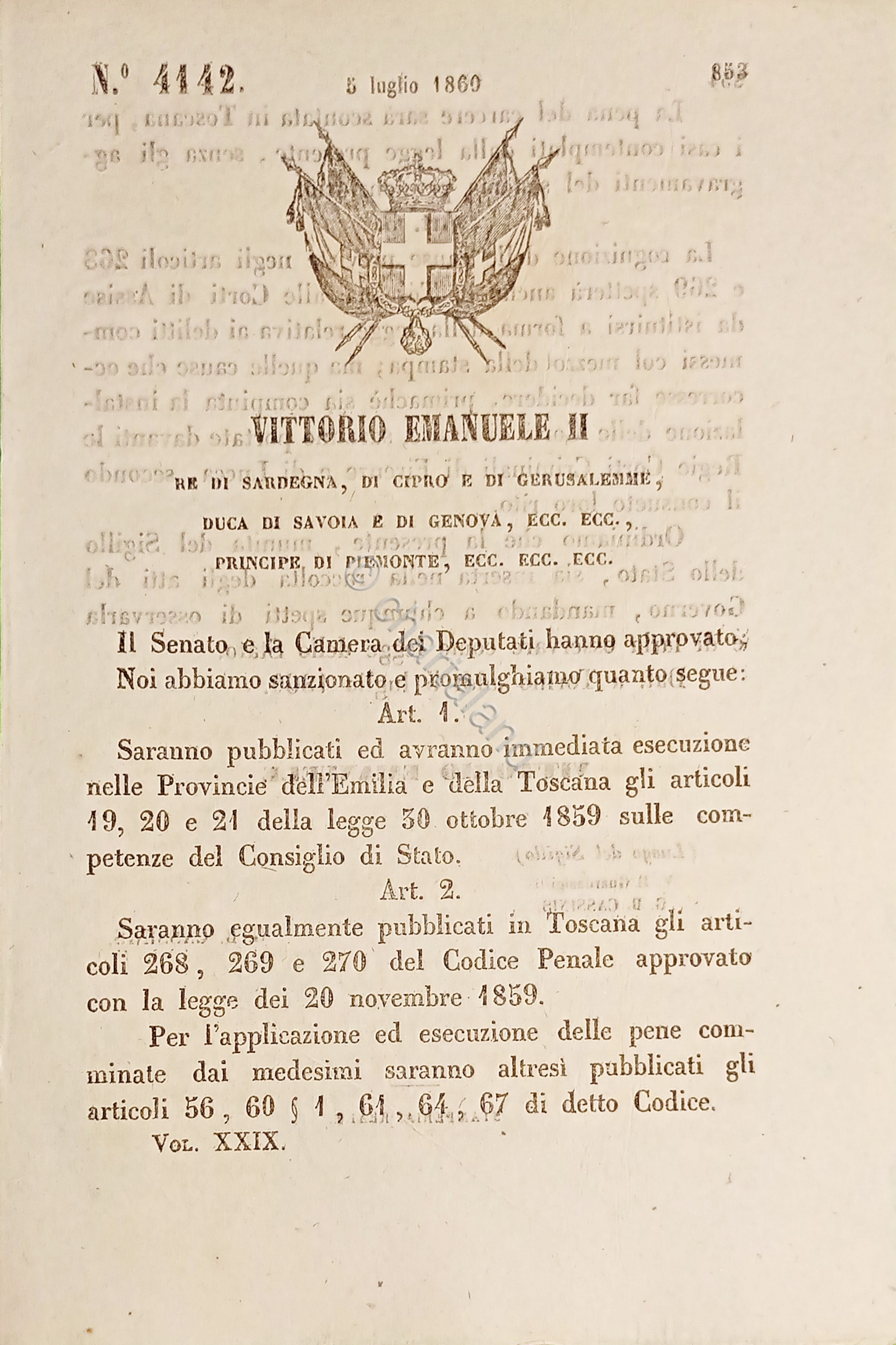 Decreto Regno Sardegna - Esecuzione articoli Legge in Emilia e …