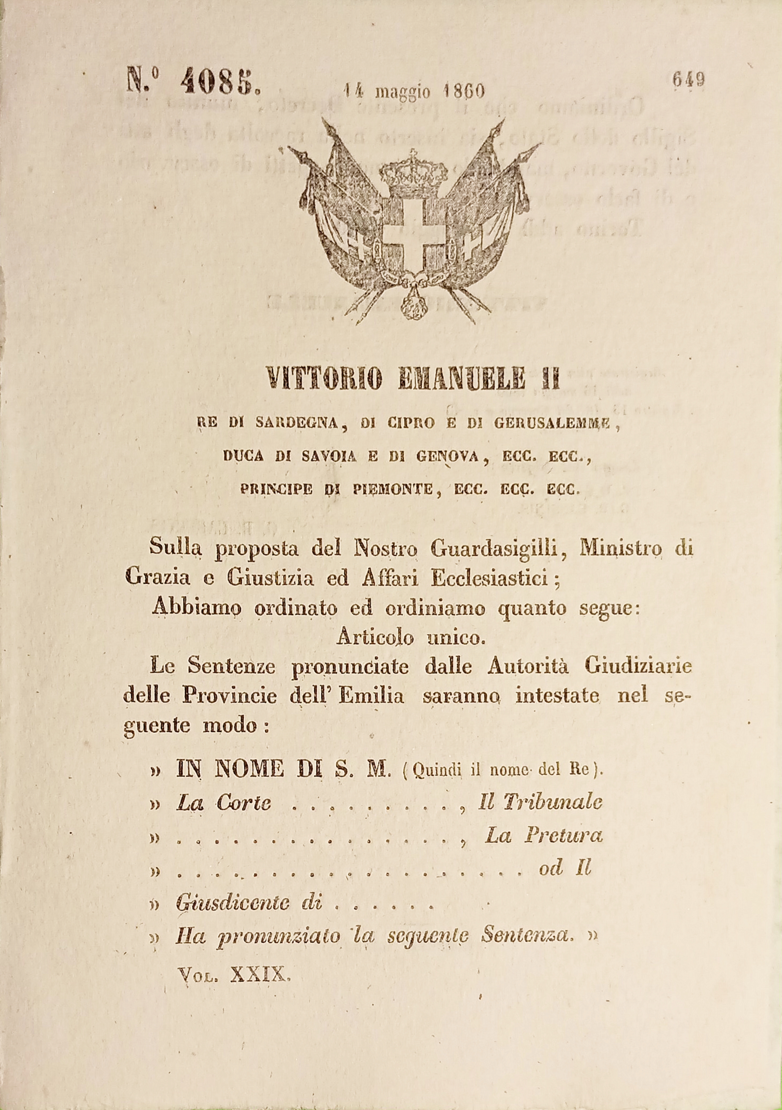 Decreto Regno Sardegna - Intestazione sentenze Autorità Giudiziarie Emilia 1860
