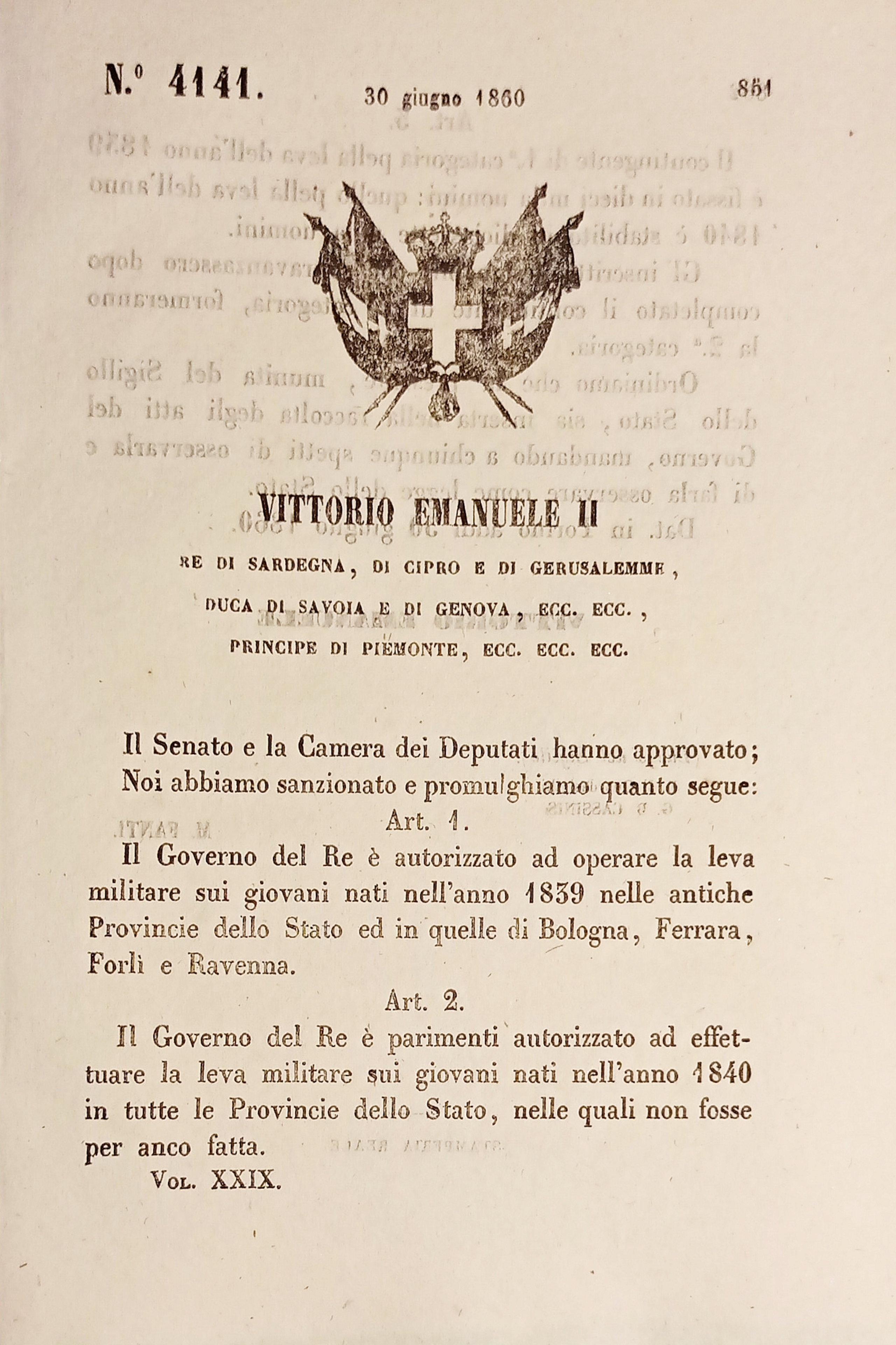 Decreto Regno Sardegna - Leva nati nel 1839 Bologna Ferrara …