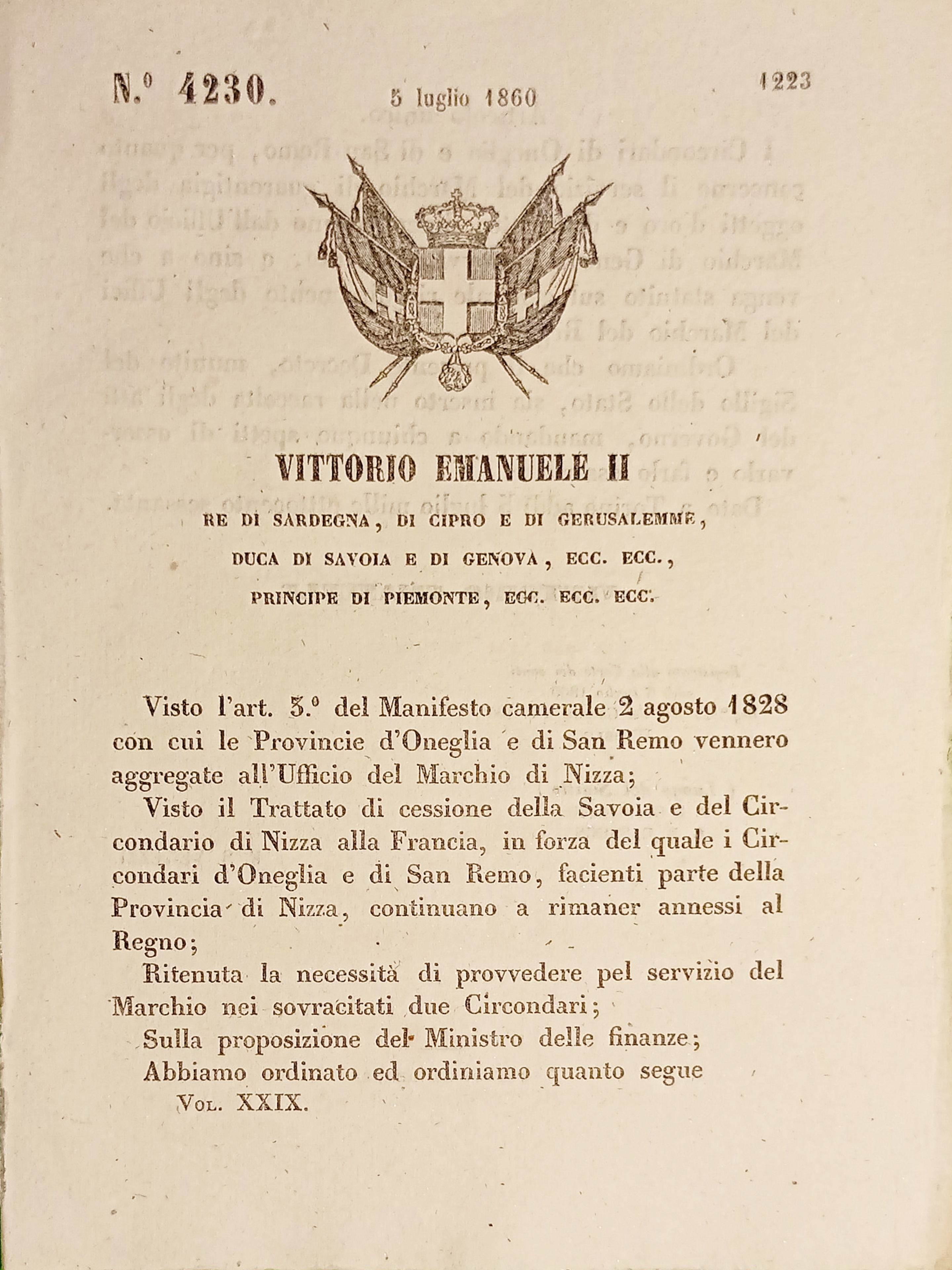 Decreto Regno Sardegna - Marchio garanzia oggetti d'Oro San Remo …