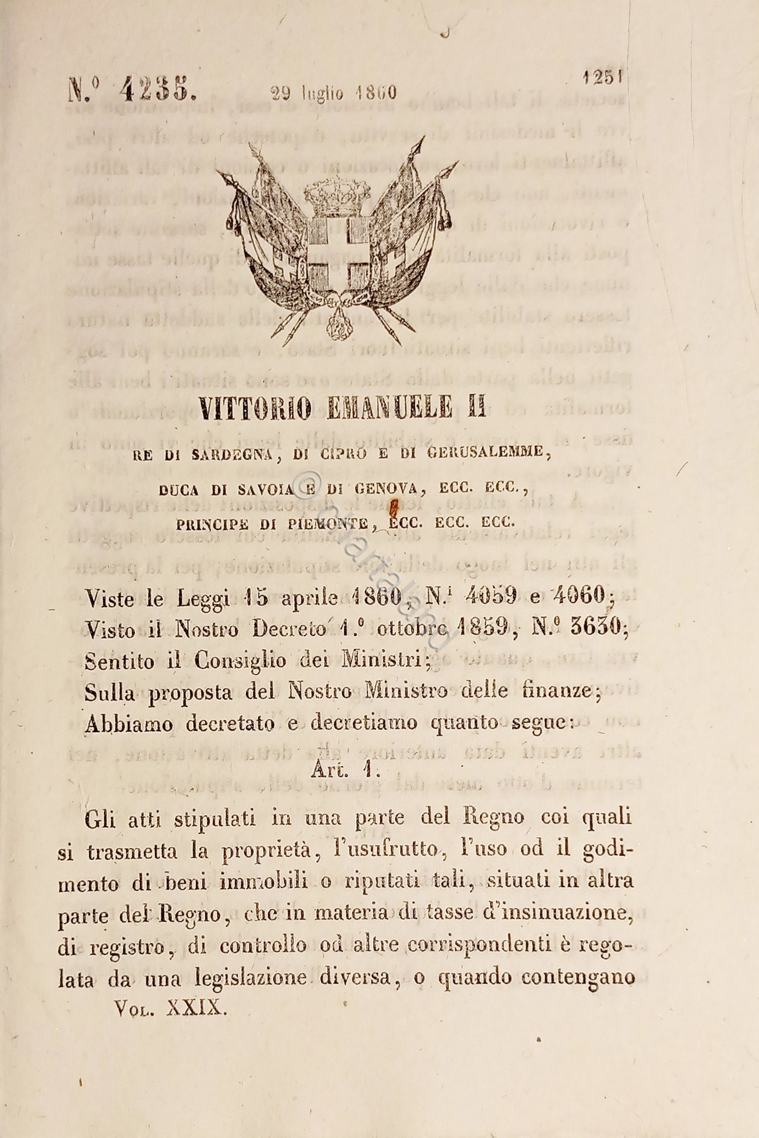 Decreto Regno Sardegna - Normativa atti e tasse sugli immobili …