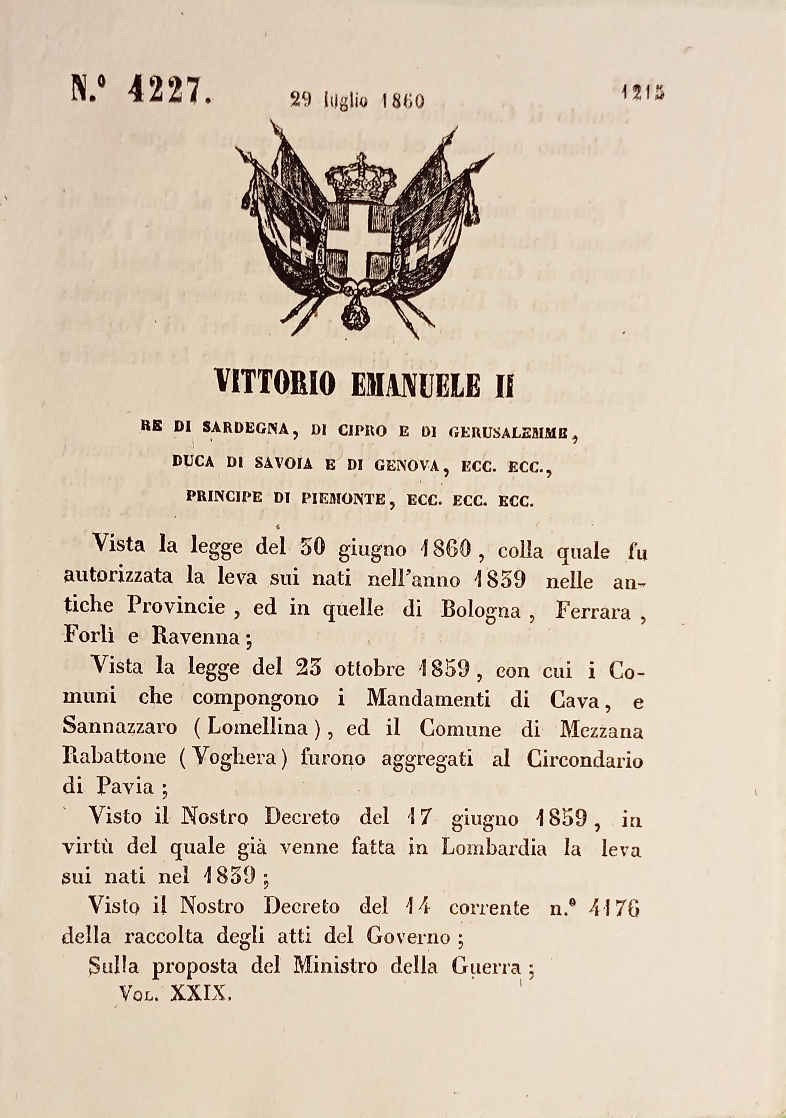 Decreto Regno Sardegna - Norme giovani di leva Circondari di …