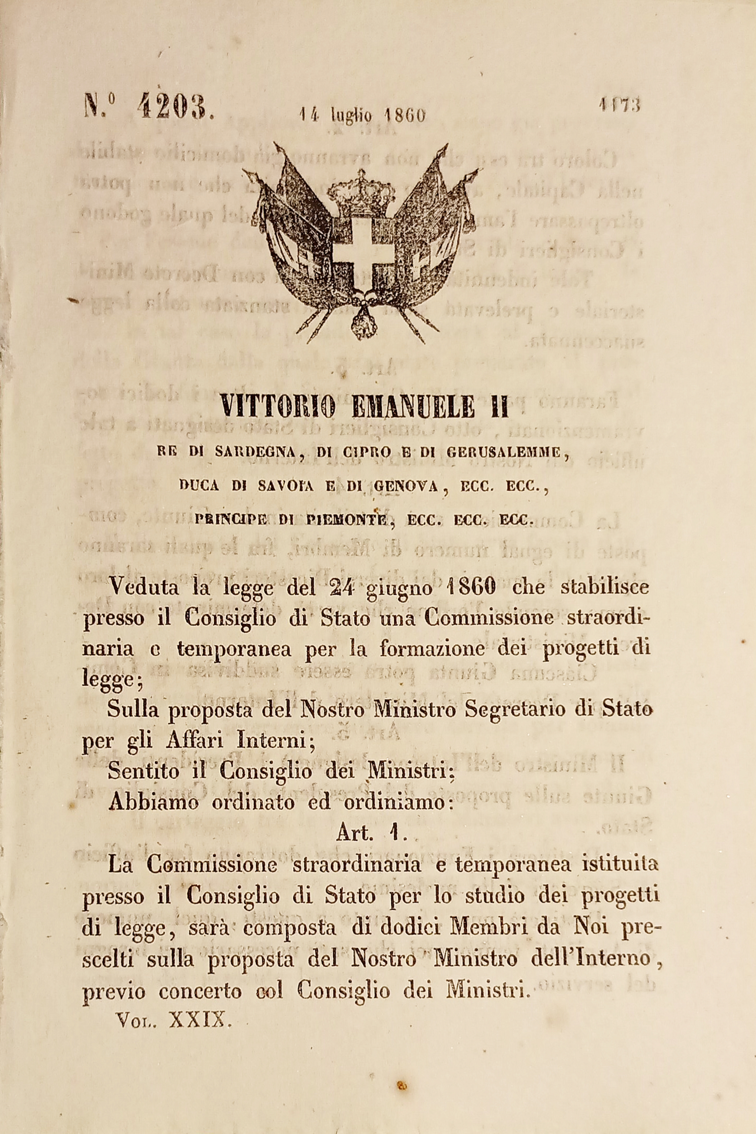 Decreto Regno Sardegna - Norme Membri Commissione studio progetti di …