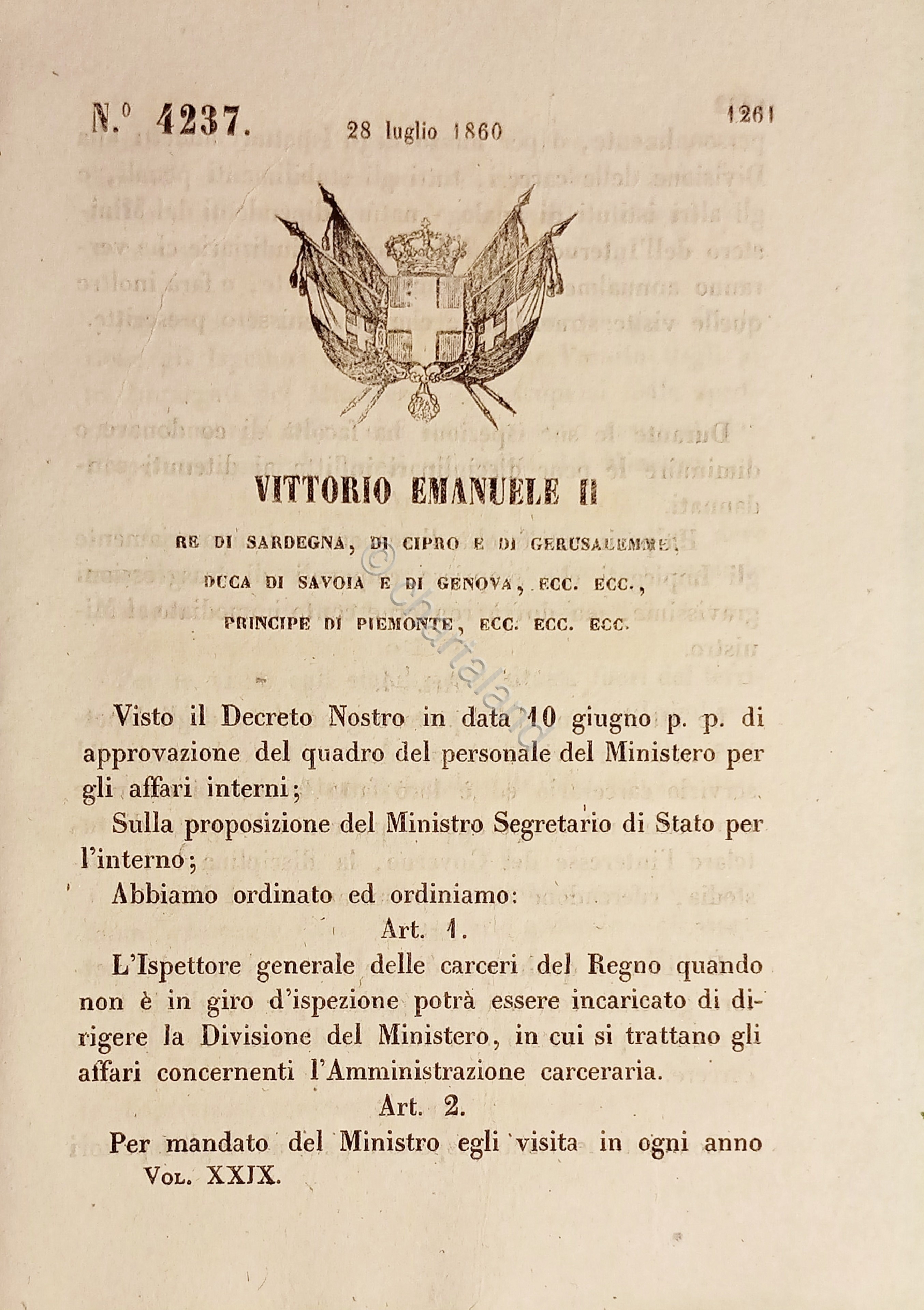 Decreto Regno Sardegna - Ordinamento e mansioni Ispettore delle Carceri …