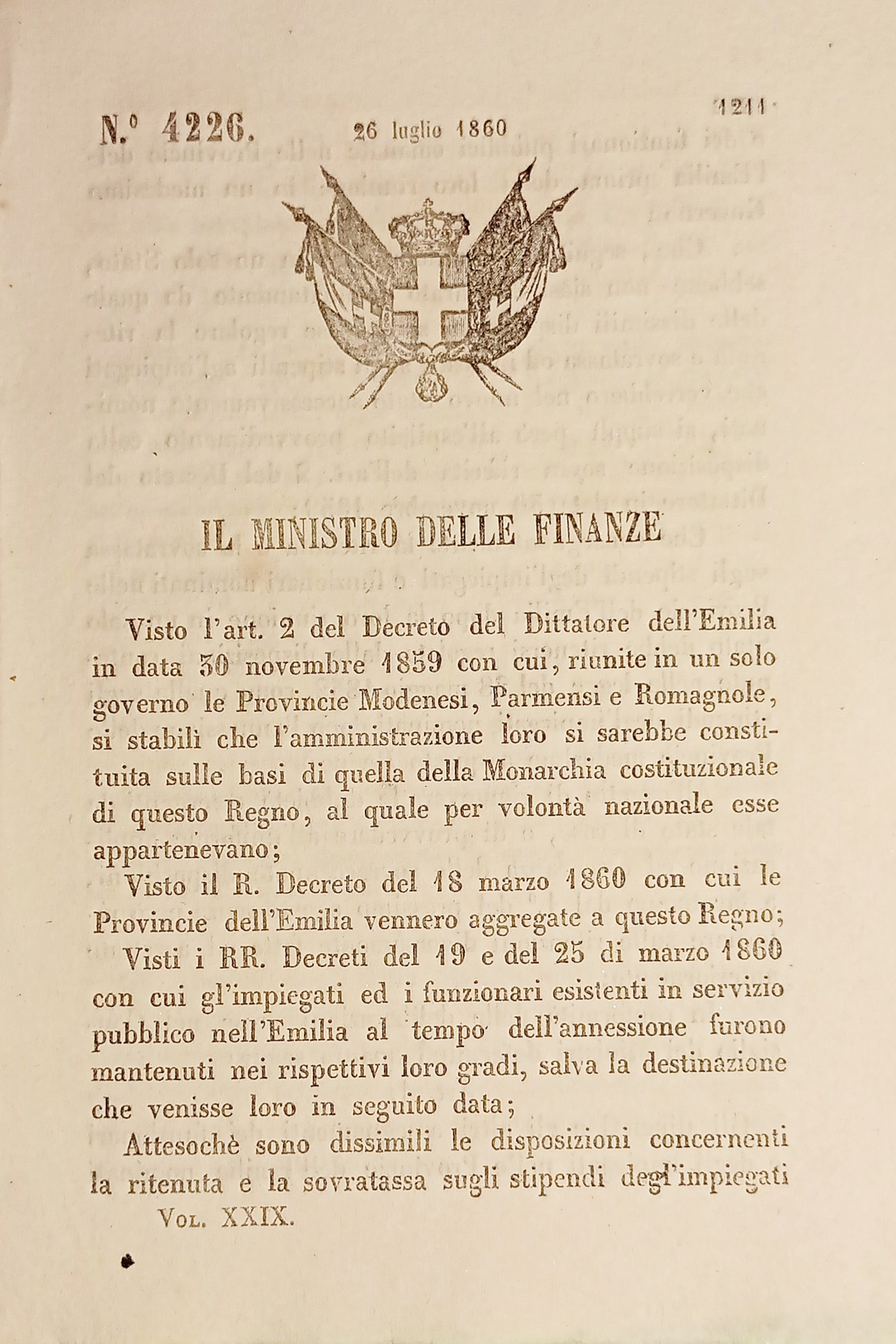 Decreto Regno Sardegna - Stipendi impiegati nelle Provincie dell'Emilia - …