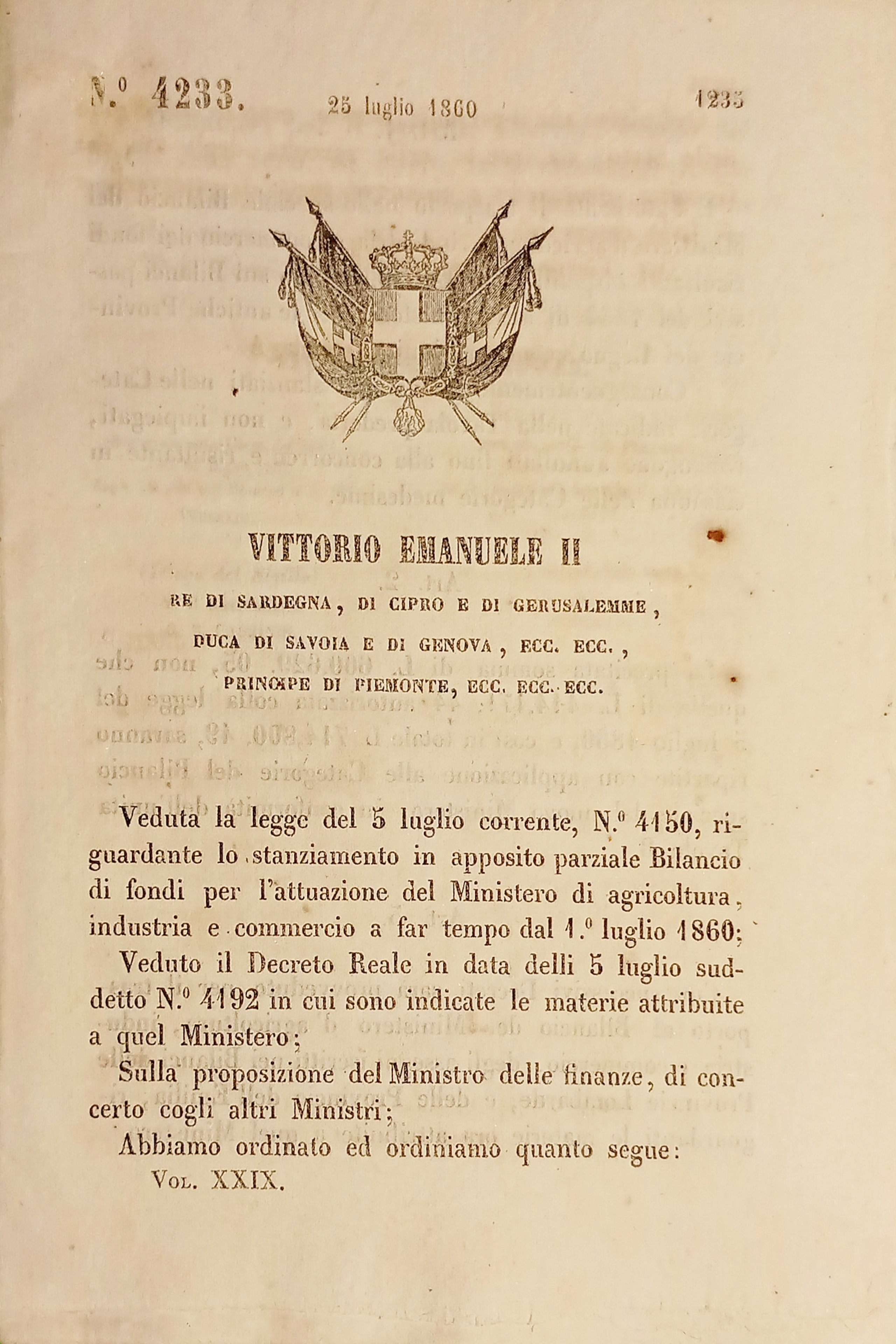Decreto Regno Sardegna - Trasporto fondi al Ministero d'Agricoltura - …