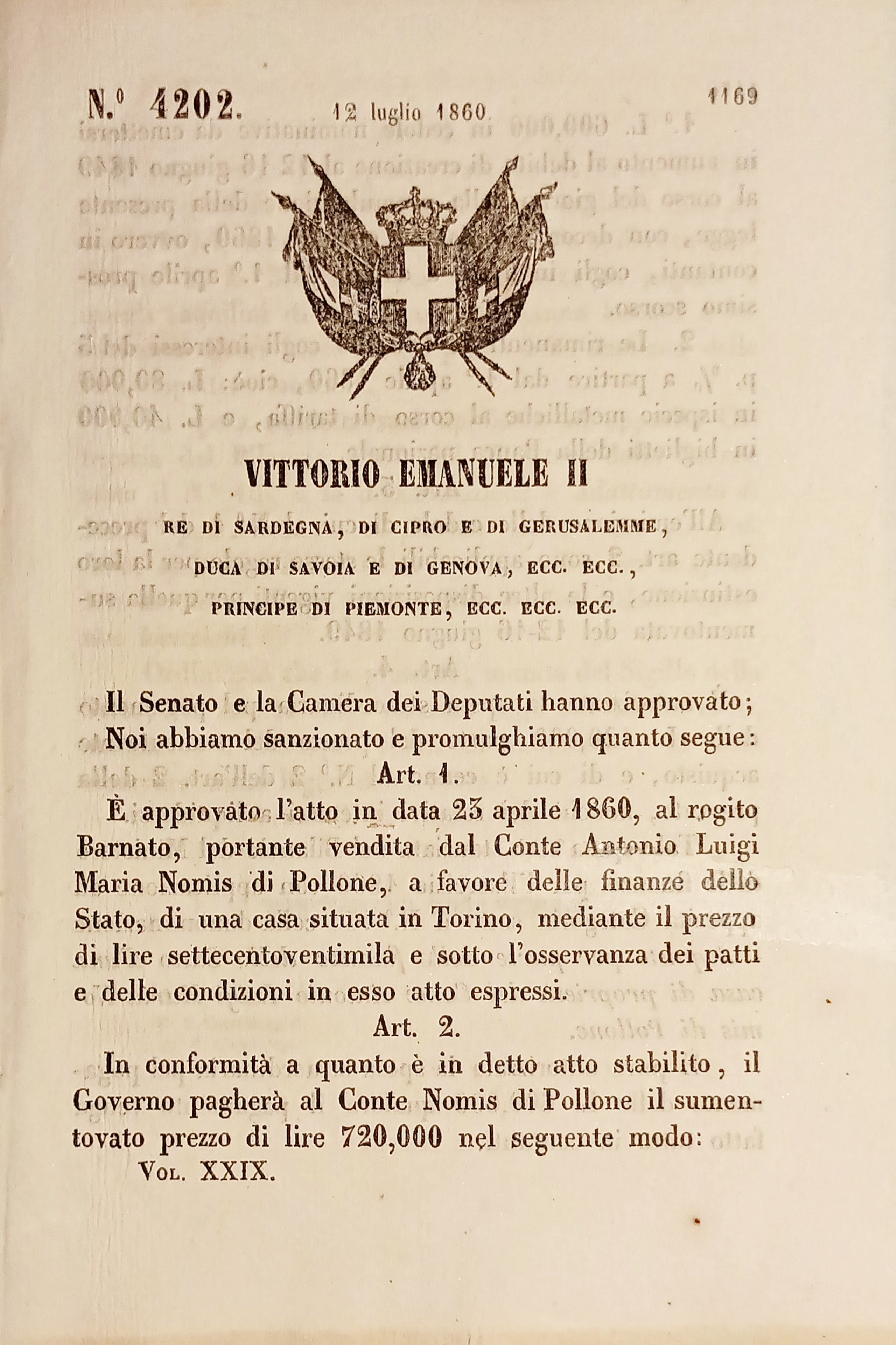 Decreto Regno Sardegna - Vendita allo Stato casa Conte Nomis …