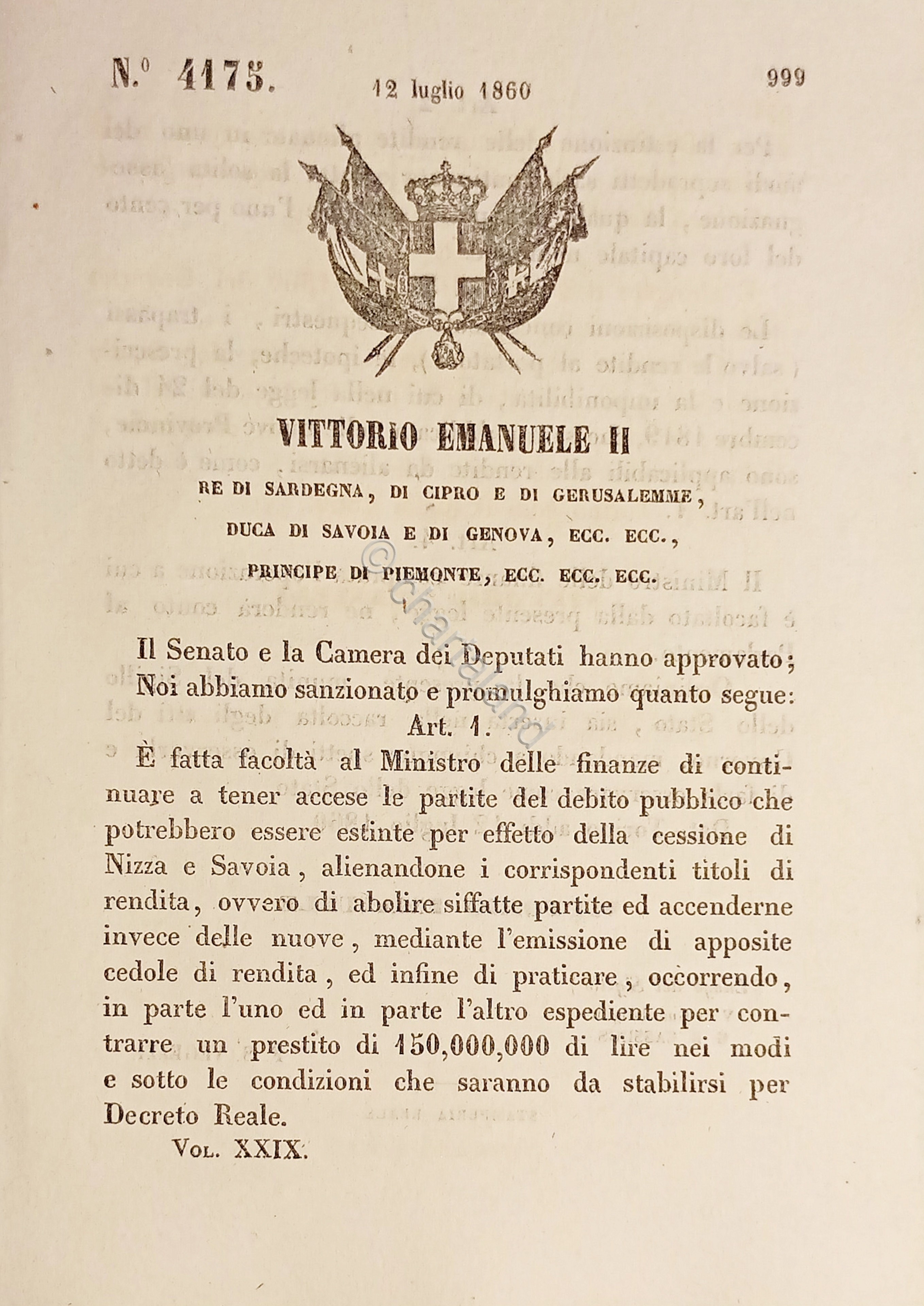 Decreto Regno Sardegna Estinzione rendite alienate territori Nizza e Savoia …