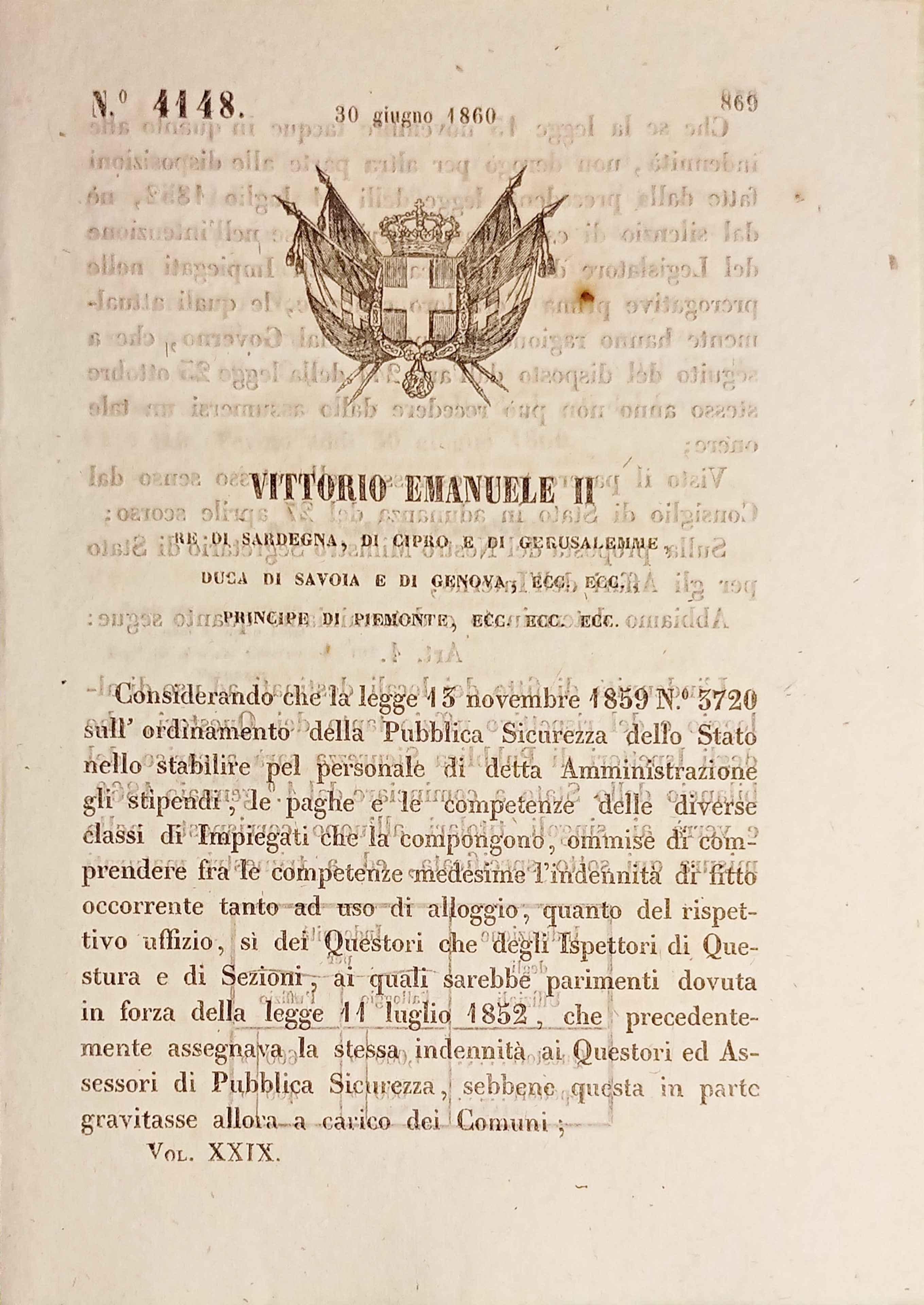 Decreto Regno Sardegna Indennià di affitto locali dei Questori e …