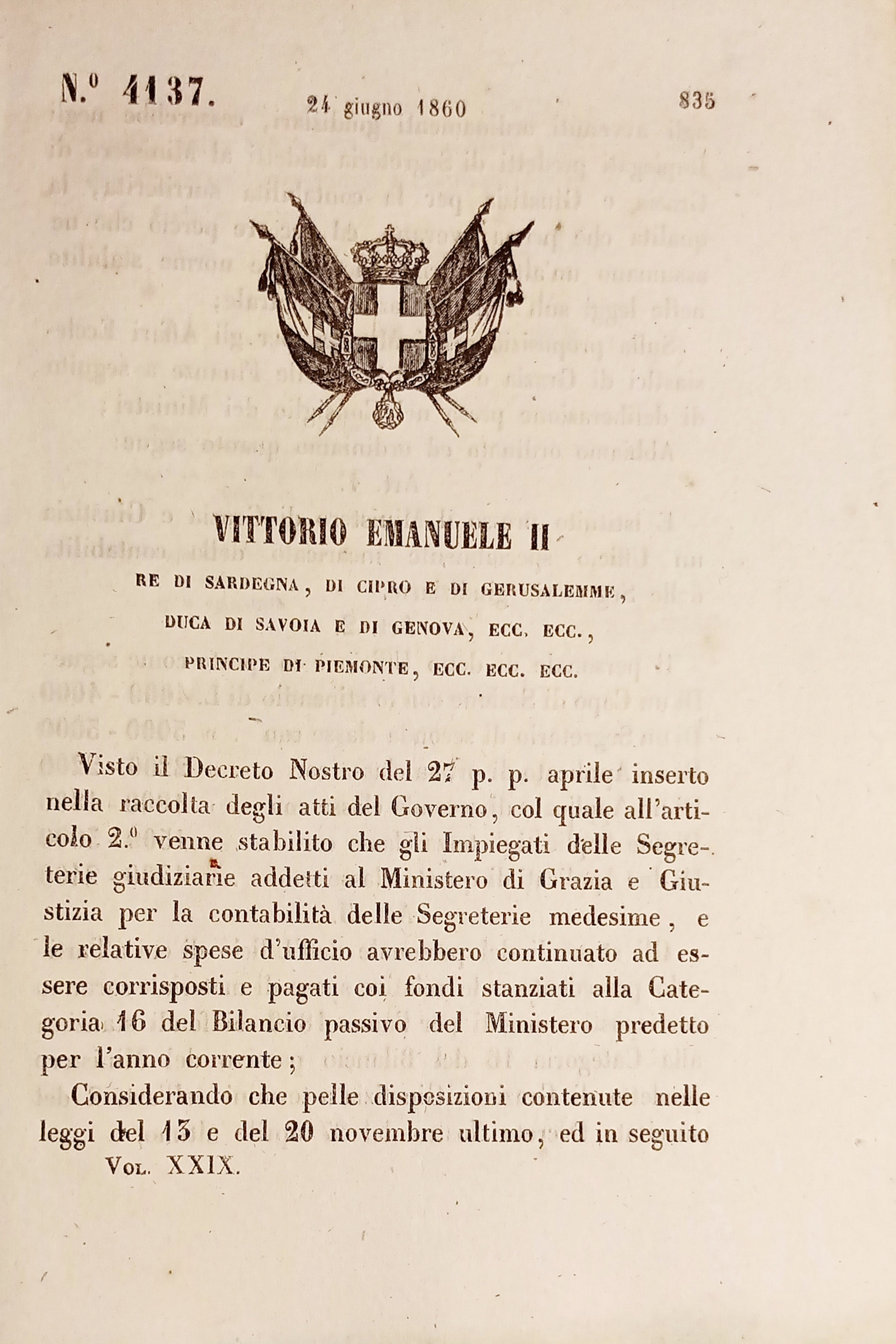 Decreto Regno Sardegna Istituito Ufficio Contabilità Segreterie Giudiziarie 1860