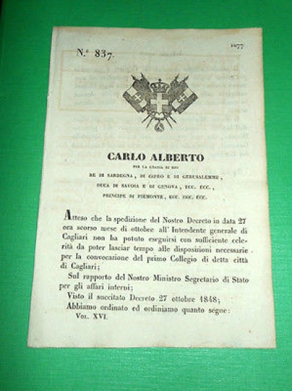 Decreto Regno Sardegna Torino Collegio Elettorale di Cagliari 1848