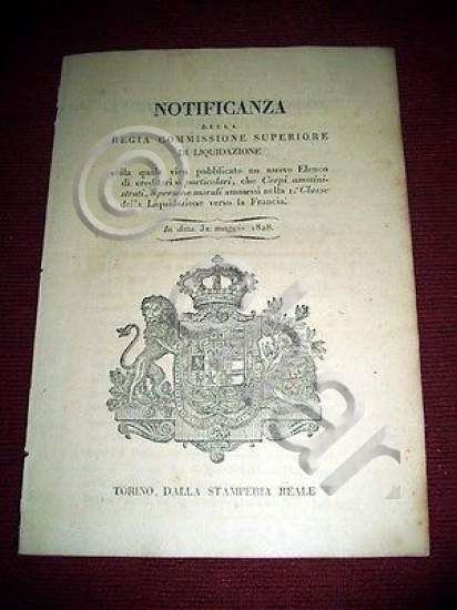 Decreto Regno Sardegna Torino Elenco Creditori Liquidazione Francese 1^ Classe