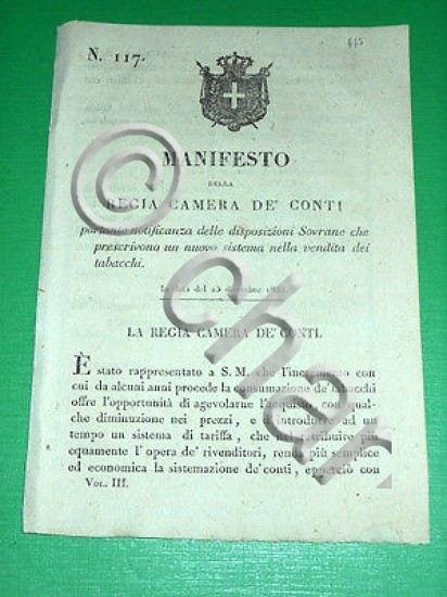 Decreto Regno Sardegna Torino Manifesto Disposizioni Vendita Tabacchi 1835