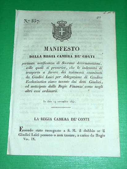 Decreto Regno Sardegna Torino Manifesto Indennità Trasporto Testimoni 1841