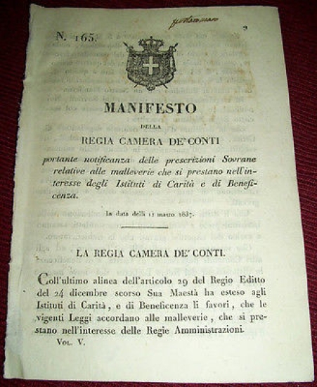Decreto Regno Sardegna Torino Manifesto Malleverie Istituti di Carità 1837