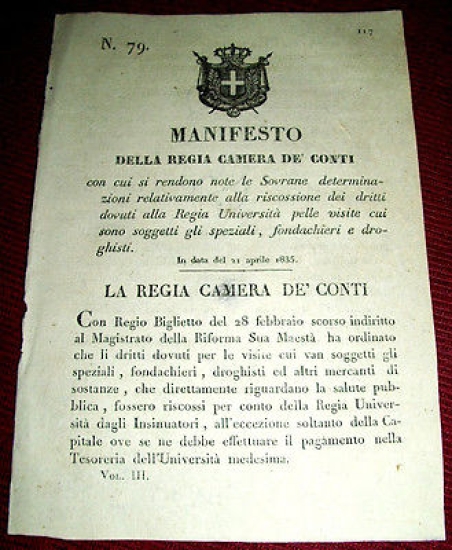 Decreto Regno Sardegna Torino Manifesto Riscossione Diritti Regia Università