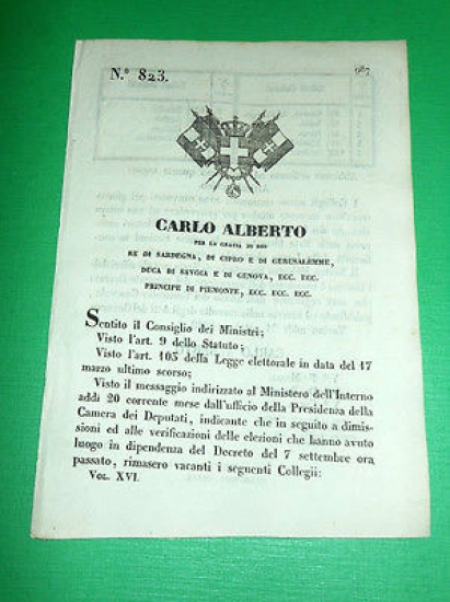 Decreto Regno Sardegna Torino N° 823 Collegii Elettorali - Posti …
