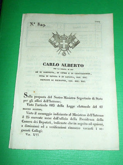 Decreto Regno Sardegna Torino N° 829 Collegii Elettorali - Posti …