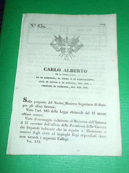 Decreto Regno Sardegna Torino N° 830 Collegii Elettorali - Posti …