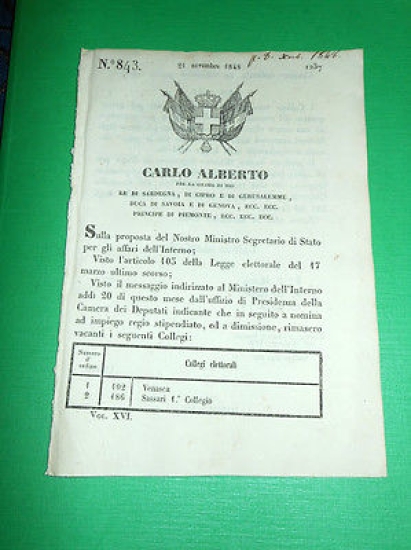 Decreto Regno Sardegna Torino N° 843 Collegii Elettorali - Posti …