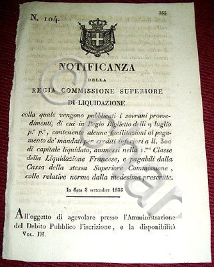 Decreto Regno Sardegna Torino Notificanza Provvedimenti Liquidazione Francese
