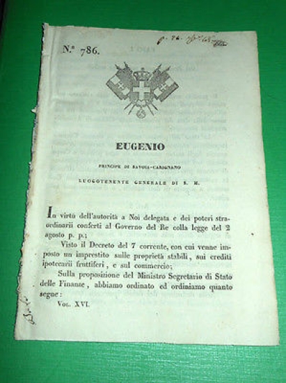 Decreto Regno Sardegna Torino Prestito Proprietà Stabili 1848