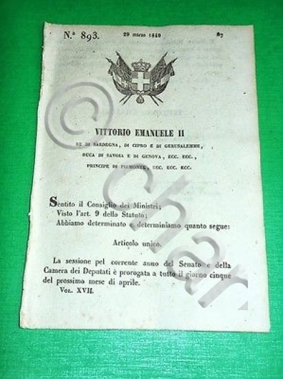 Decreto Regno Sardegna Torino Proroga Sessione Parlamento 1849