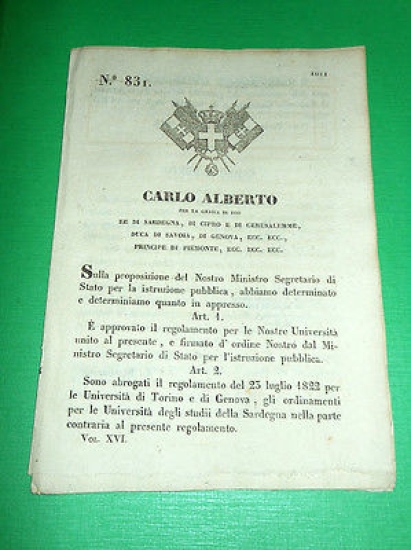 Decreto Regno Sardegna Torino Regolamento Disciplinare Università 1848