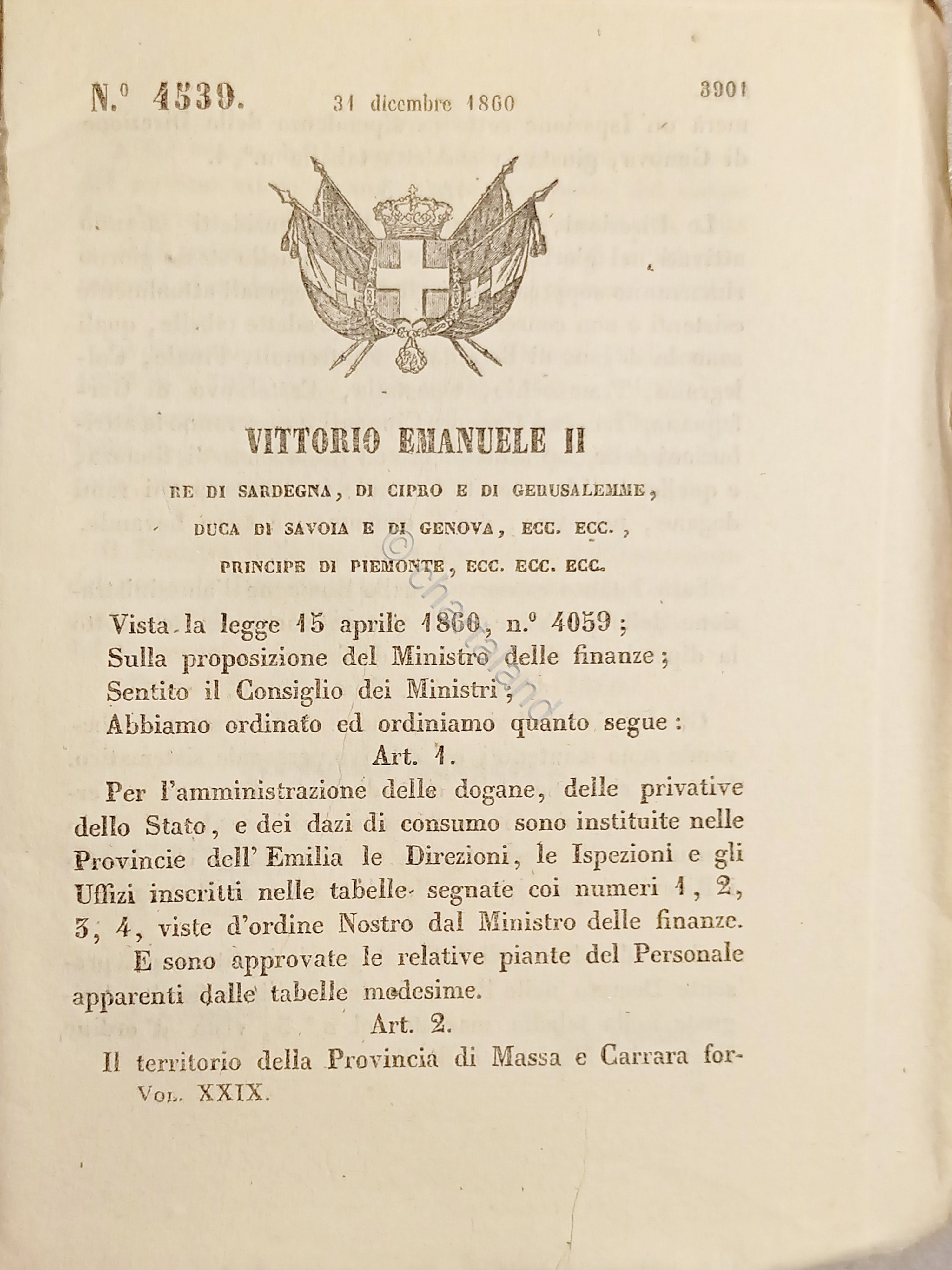 Decreto V. Emanuele II - Amministrazione dogane nelle Province dell'Emilia …