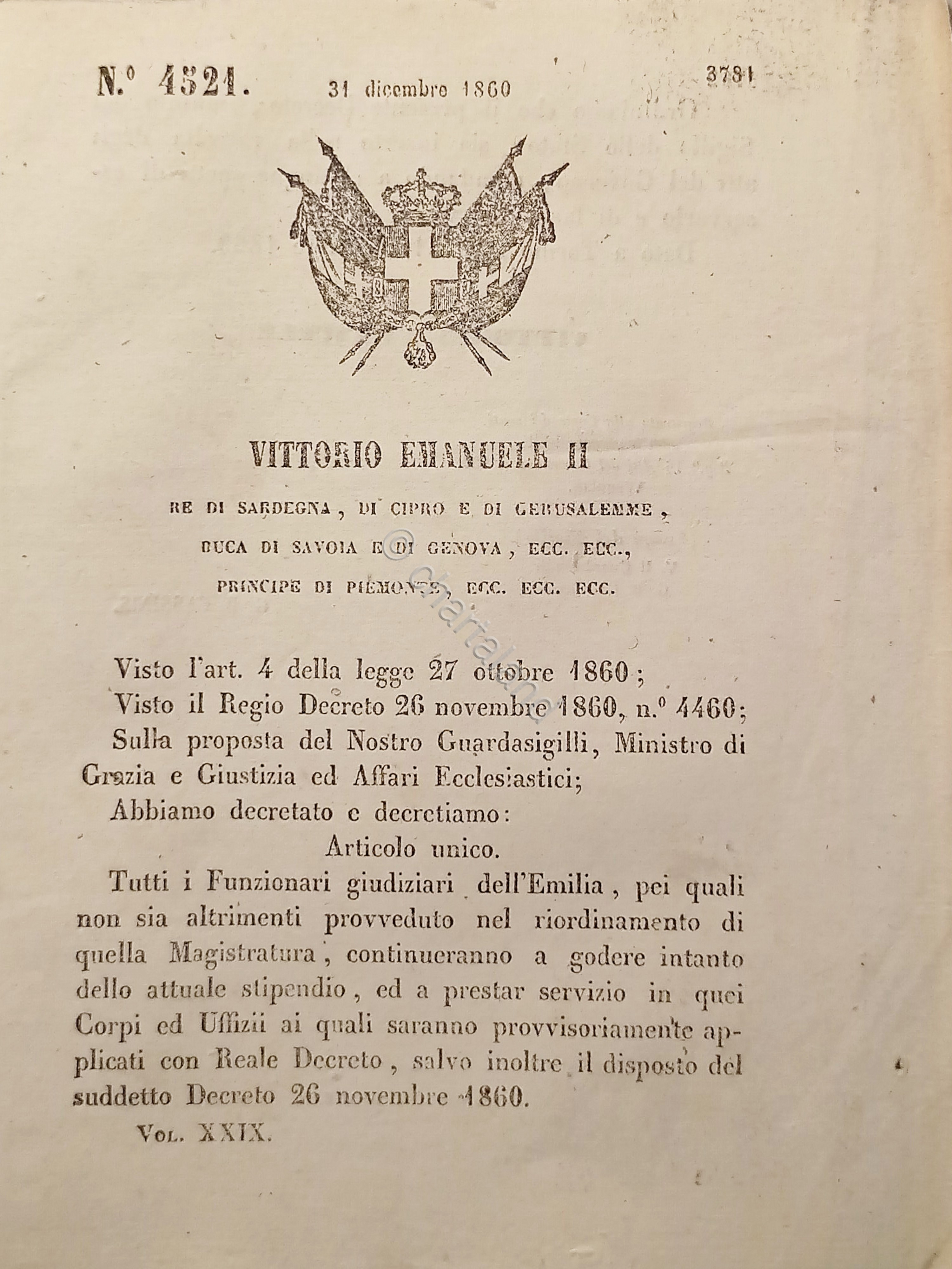 Decreto V. Emanuele II - Funzionari giudiziari dell'Emilia - 1860