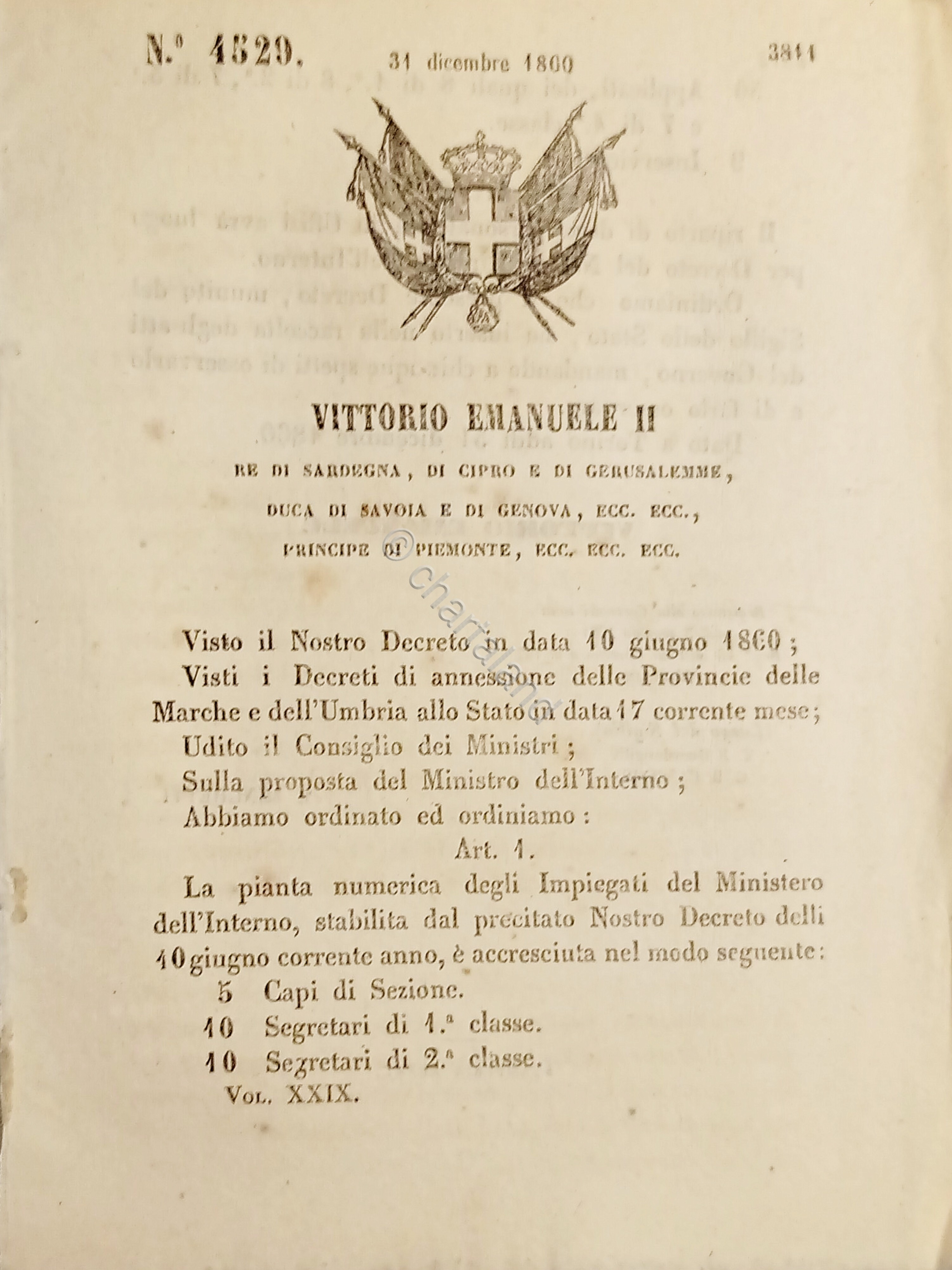Decreto V. Emanuele II - Pianta degli impiegati del Ministero …