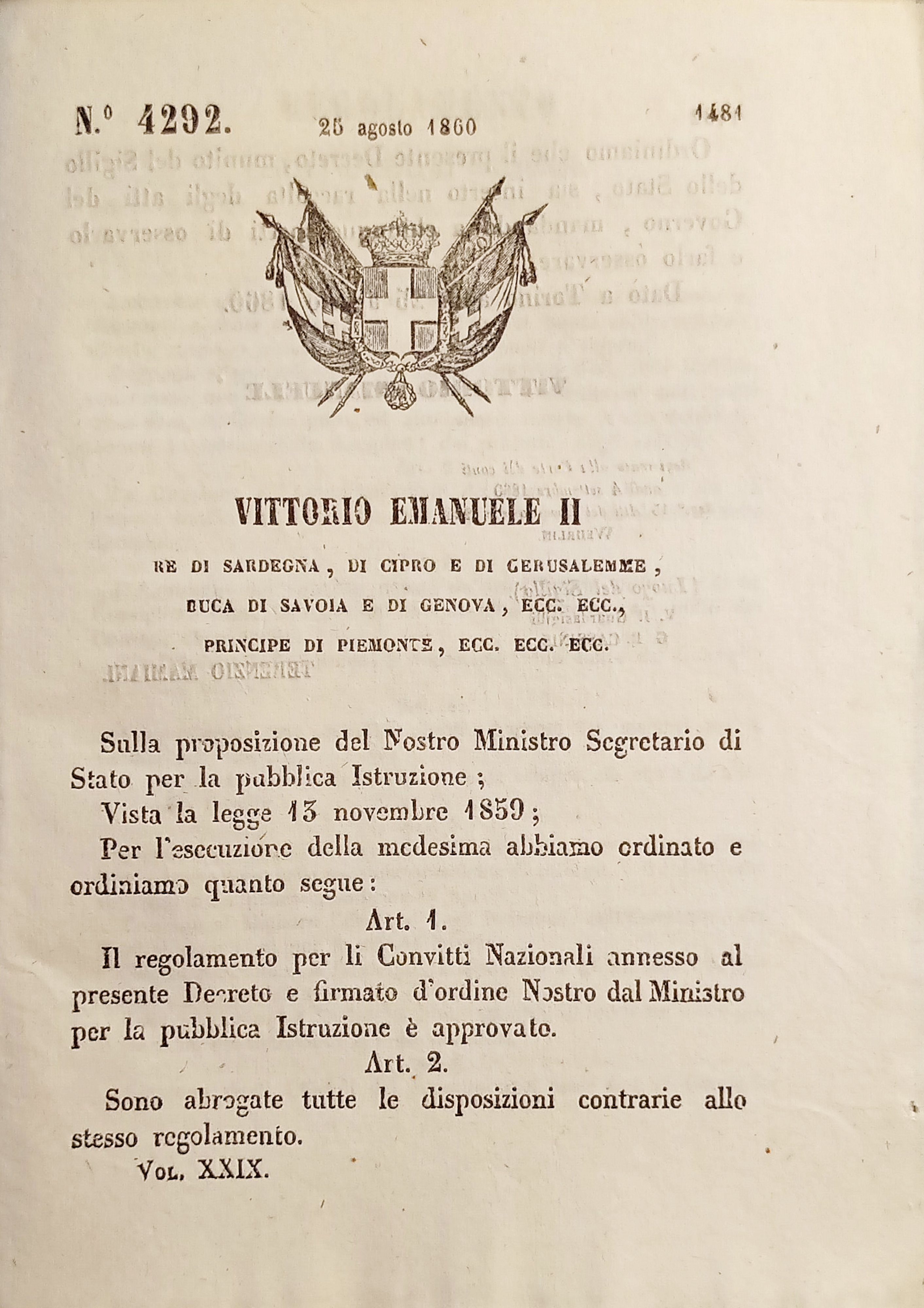 Decreto V. Emanuele II - Regolamento per i Convitti Nazionali …