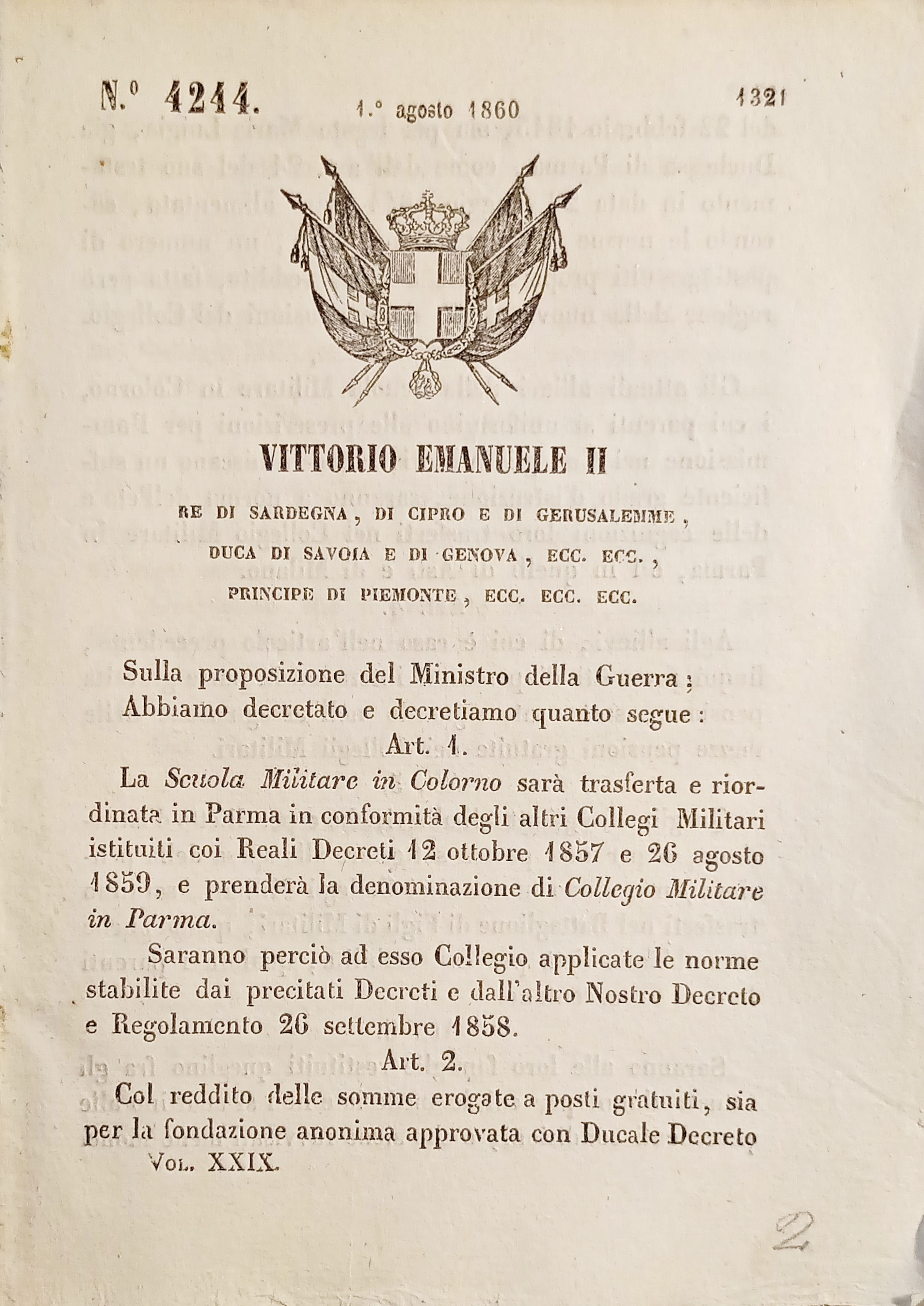 Decreto V. Emanuele II - Scuola Militare in Colorno sarà …