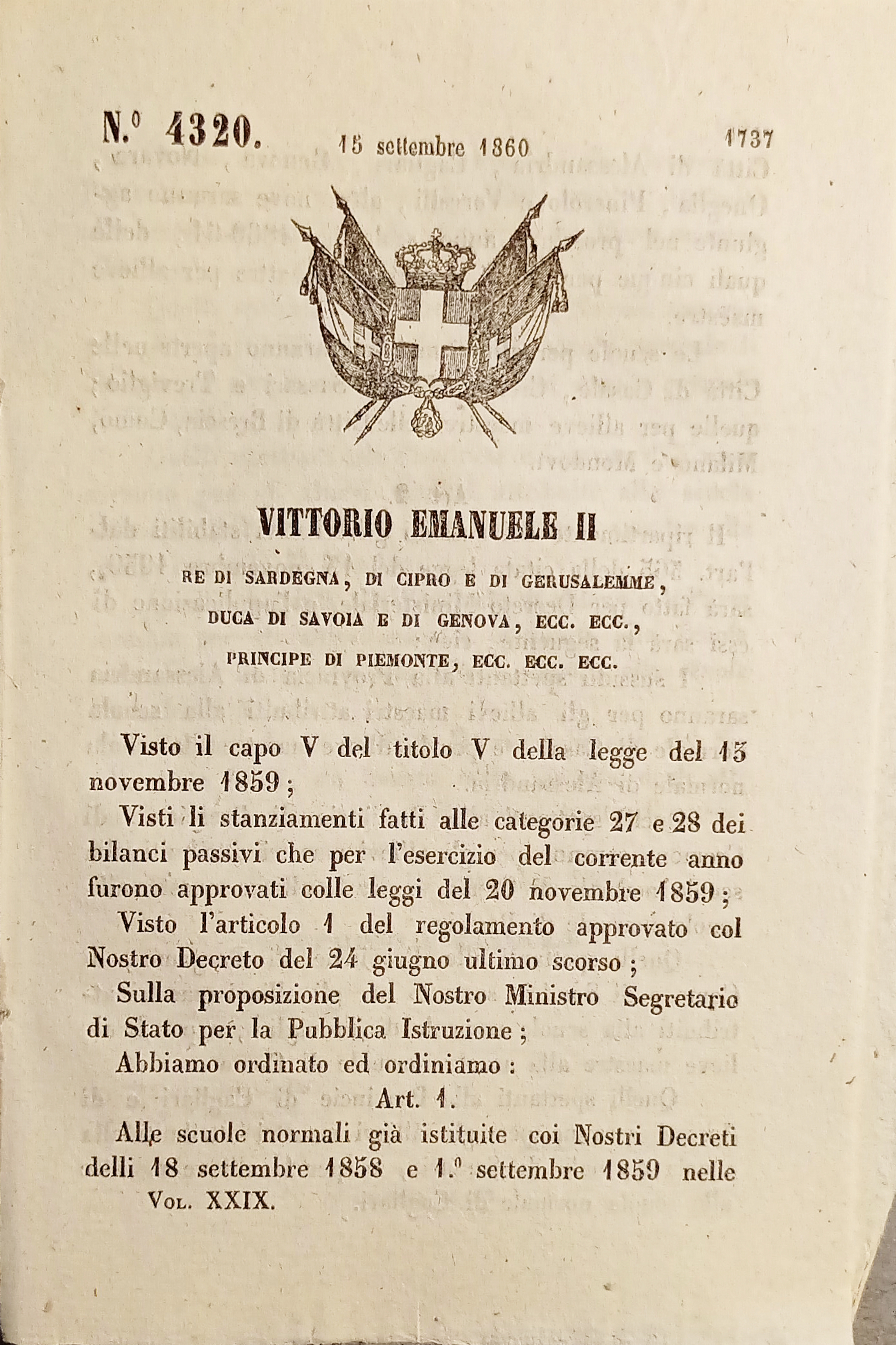 Decreto V. Emanuele II - Scuole normali già istituite coi …