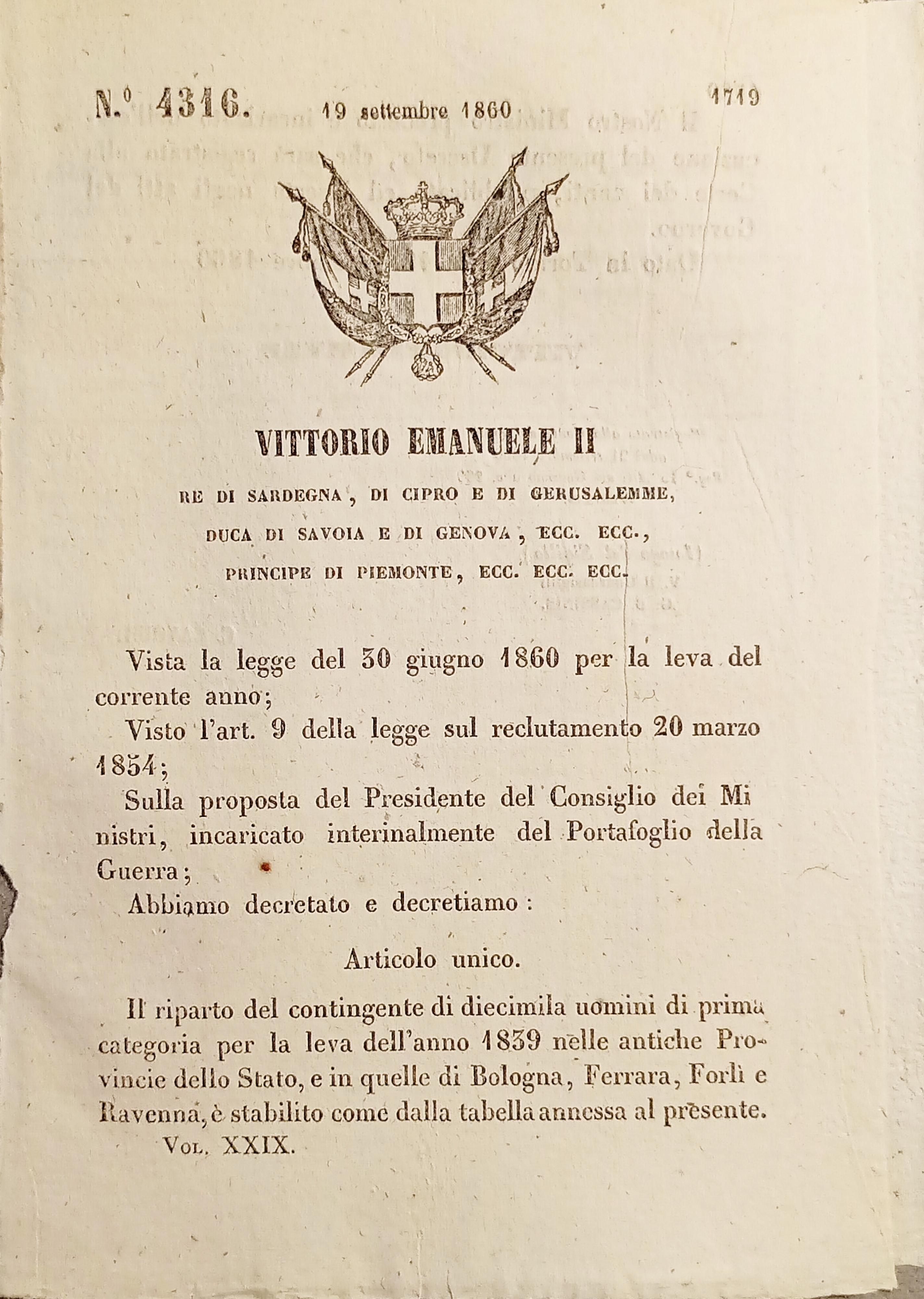 Decreto V. Emanuele II - Stabilito riparto uomini Bologna Ferrara …