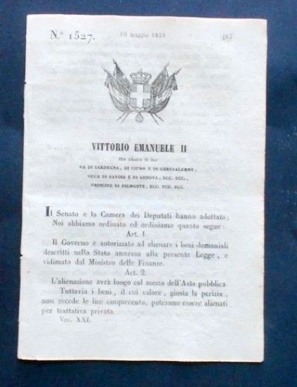 Decreto Vittorio Emanuele II - Autorizzazione Governo ad alienare beni …