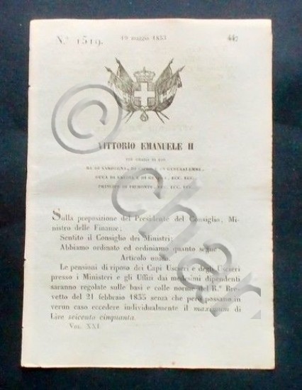 Decreto Vittorio Emanuele II - Pensioni di riposo Capi Uscieri …