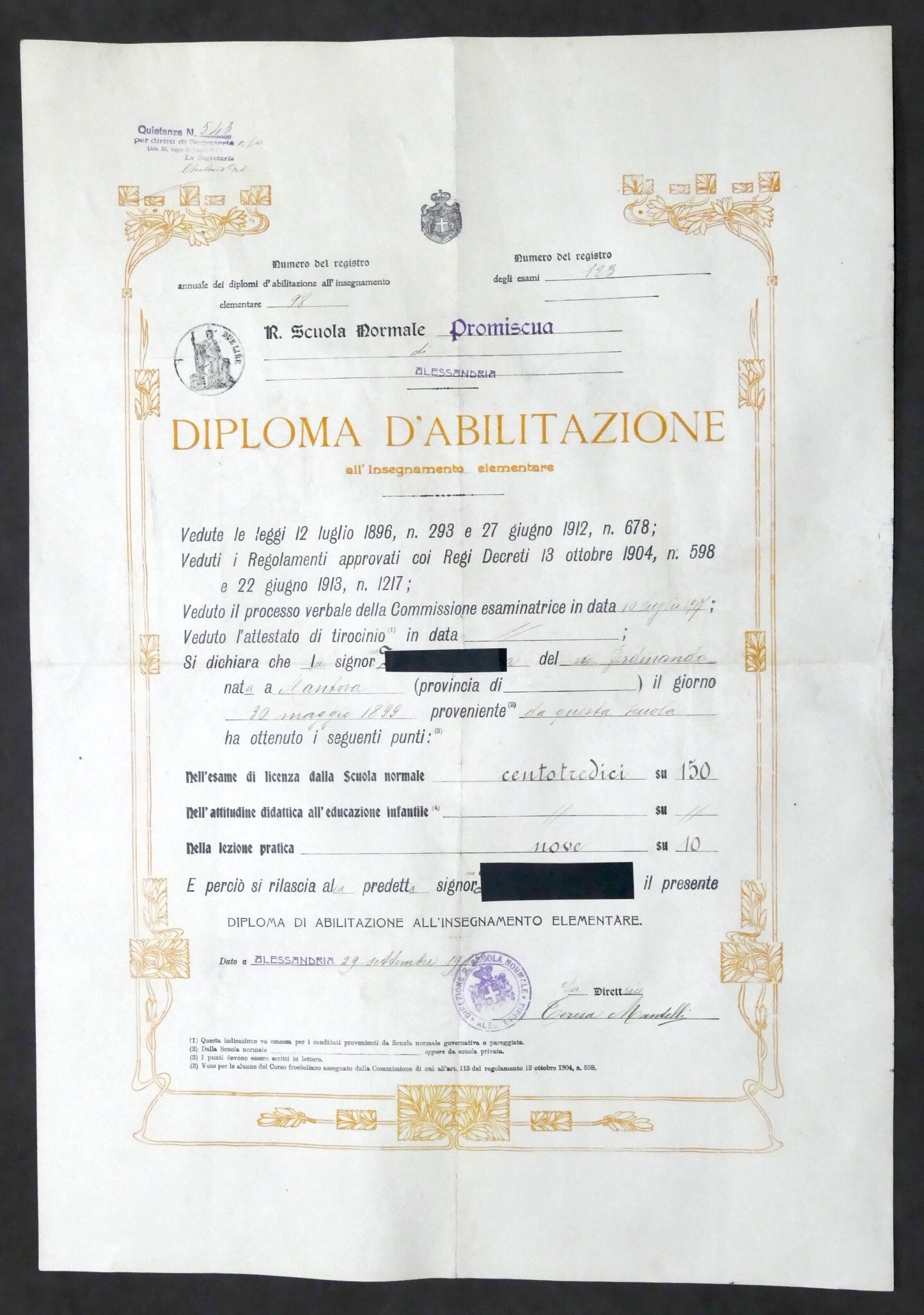 Diploma d'Abilitazione Insegnamento Elementare - Scuola Normale Alessandria 1917