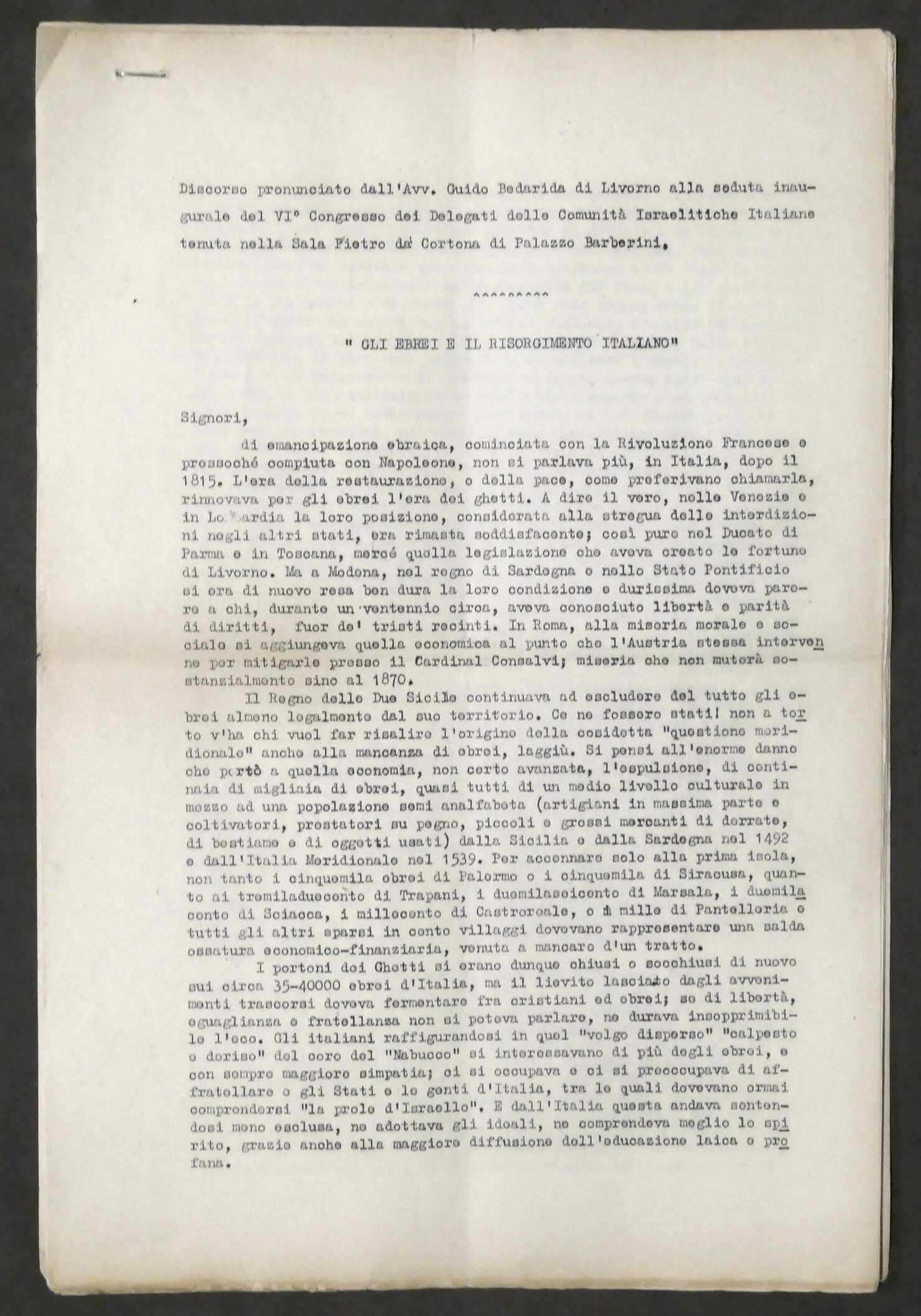 Discorso Avv. G. Bedarida VI° Congresso Comunità Israelitiche Italiane - …