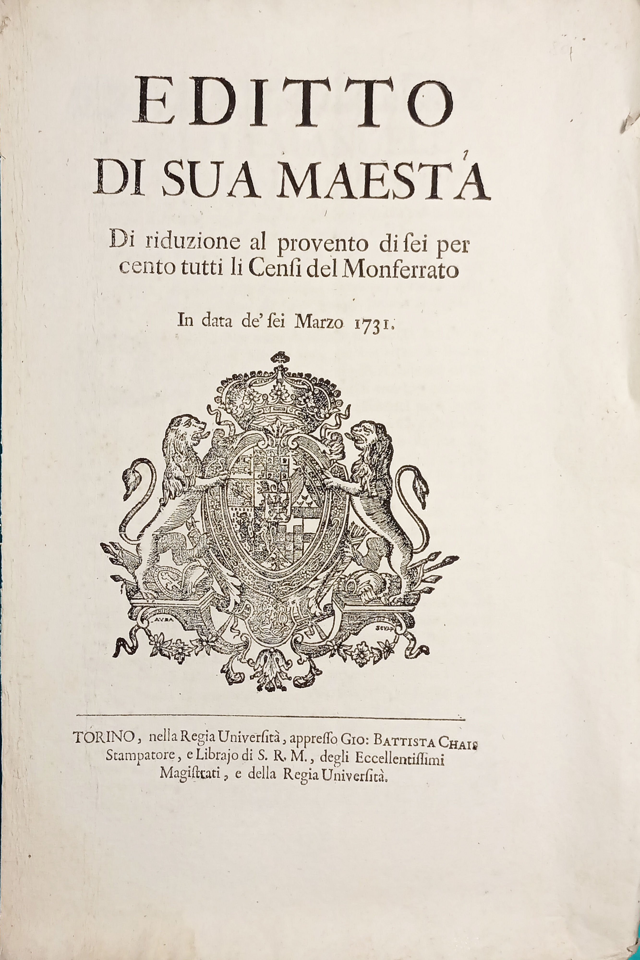 Documento - Editto di Sua Maestà - Riduzione provento Cenfi …