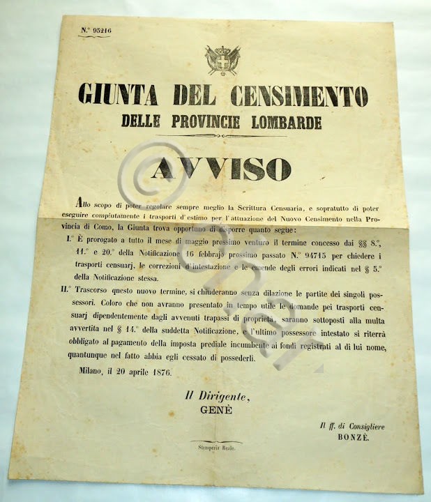 Documento antico Avviso Censimento Como e Provincia 1876