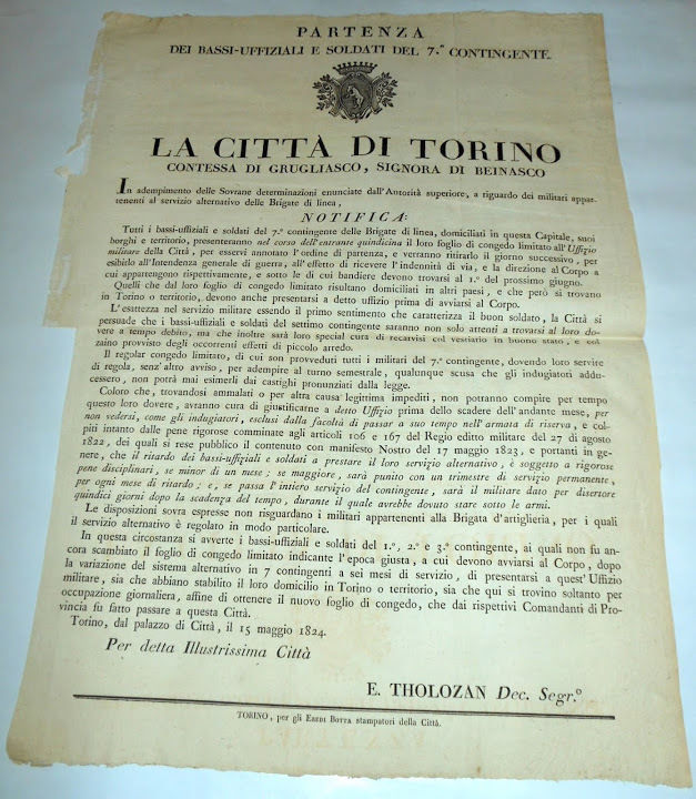 Documento antico Città di Torino Partenza Ufficiali e Soldati 7 …