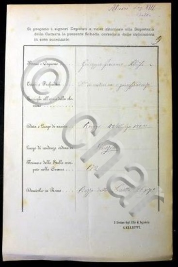 Documento Autografo Giuseppe Giacomo Alvisi 1866 ca.