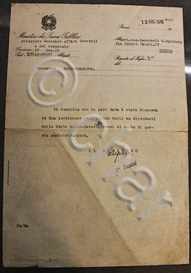 Documento autografo ministro Lavori Pubblici Umberto Tupini 1949